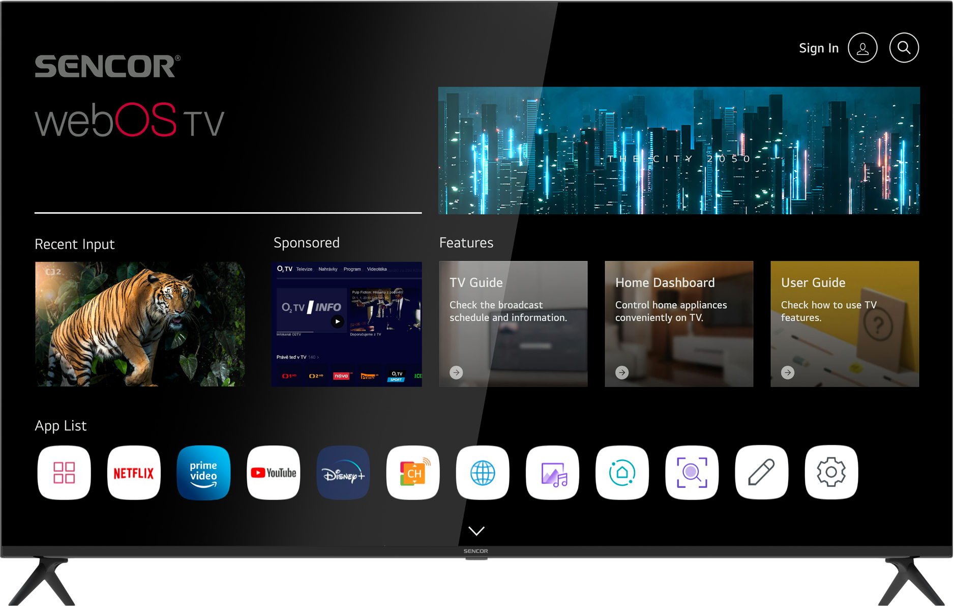 Sencor webOS TV, felületet mutat alkalmazásikonokkal és városnézettel.