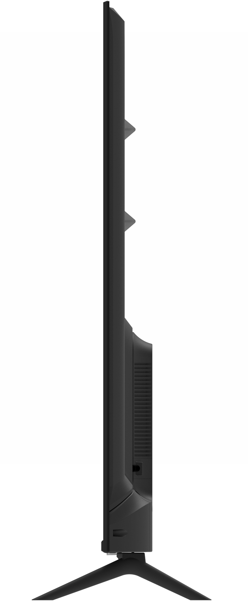 Fekete TV oldalsó nézete állvánnyal. Elegáns és modern design.