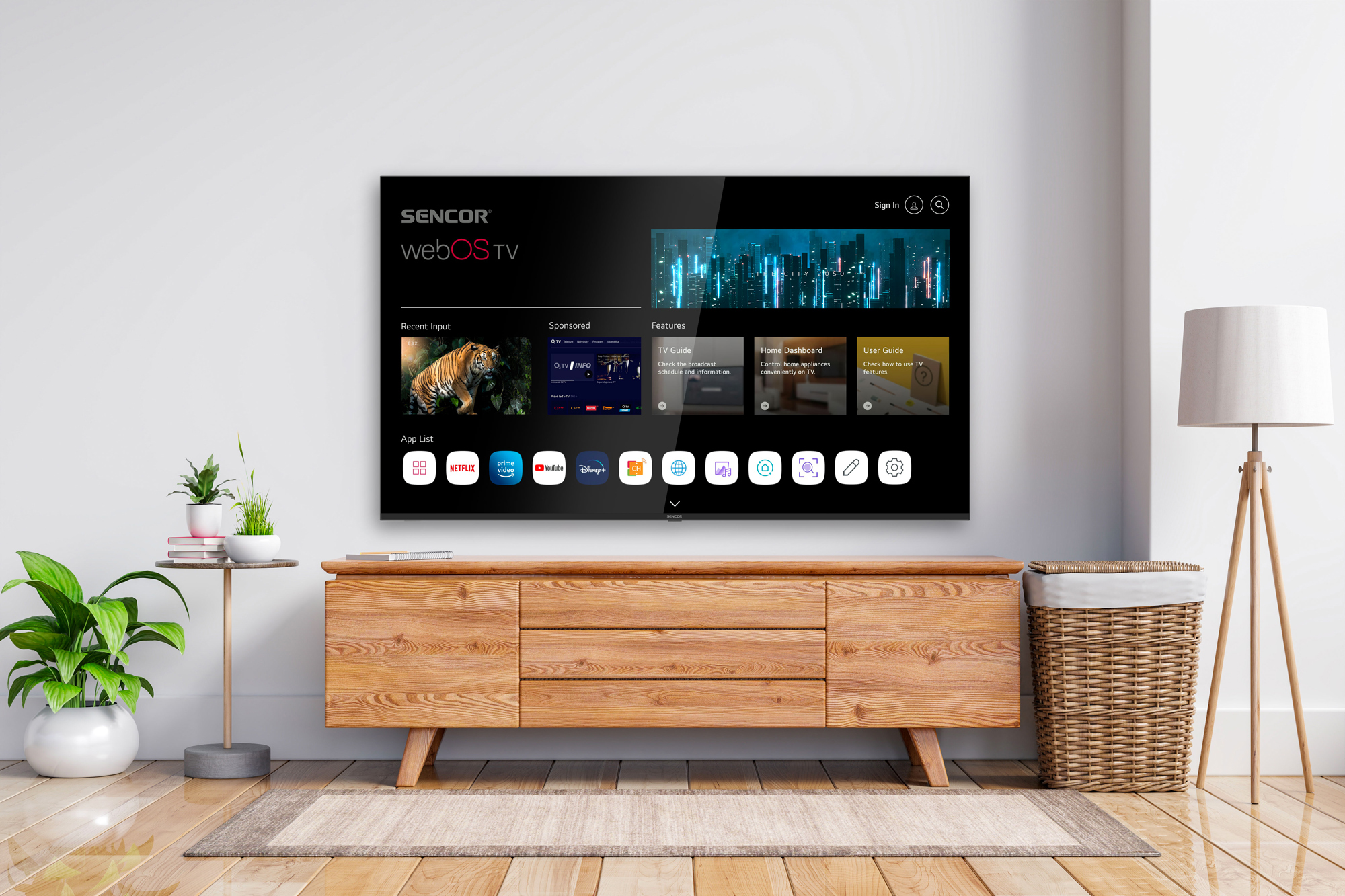 Egy TV egy fa szekrényen. A TV egy képernyőt mutat. Van egy növény, egy lámpa és egy szőnyeg.