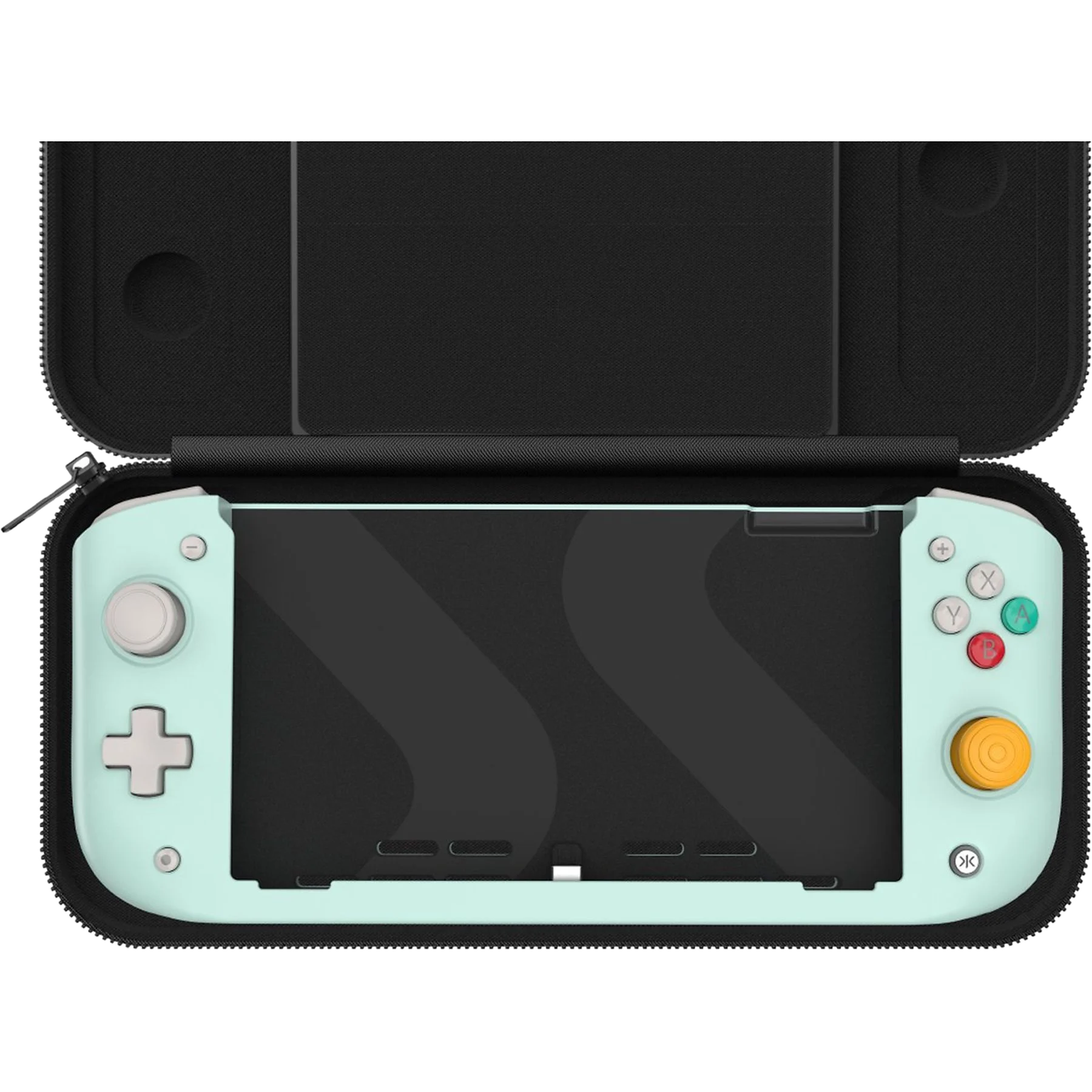 Nintendo Switch Lite vert menthe dans un étui noir, ouvert pour montrer l'écran et les commandes.