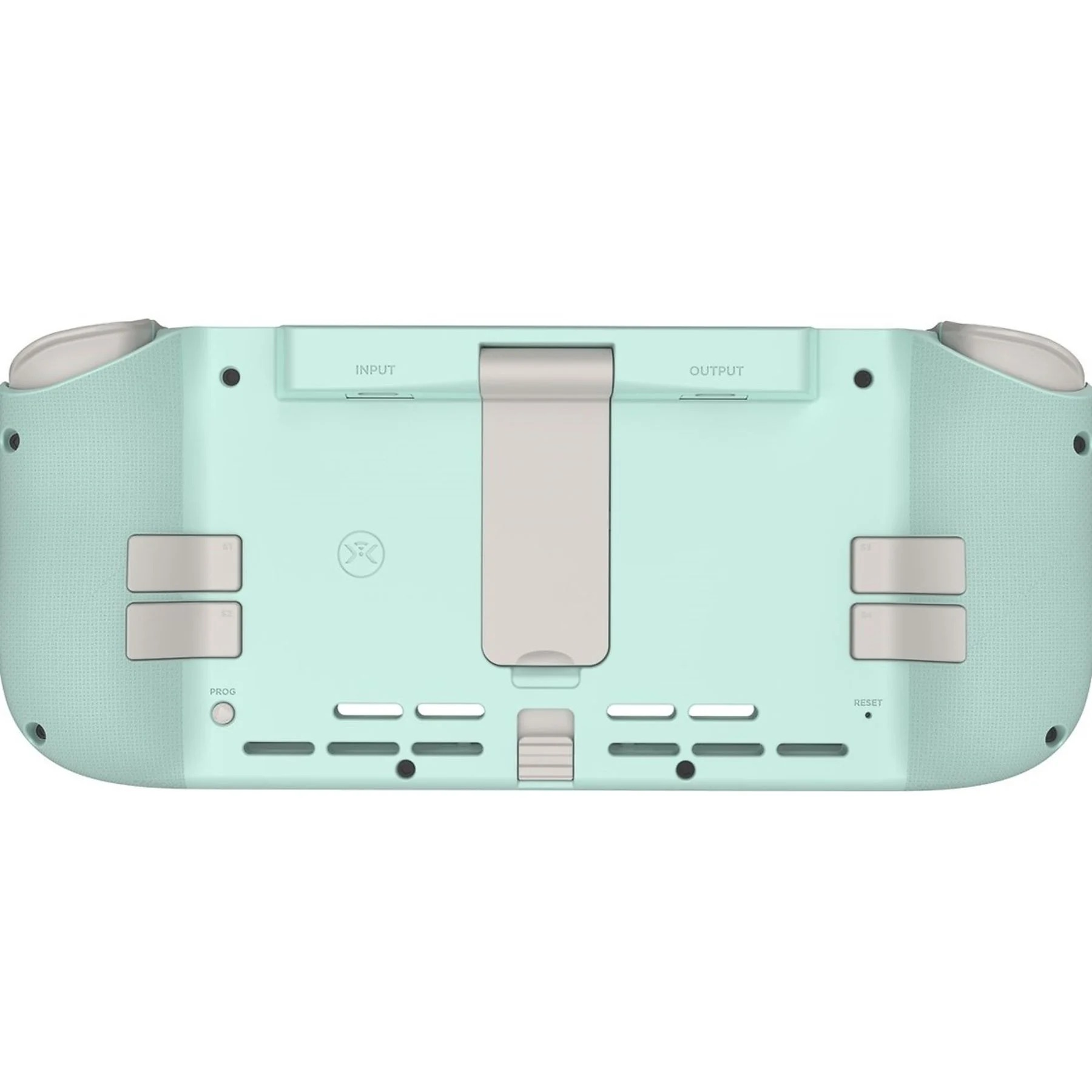 Console de jeu portable de couleur menthe, avec des boutons et un support. Fond blanc.