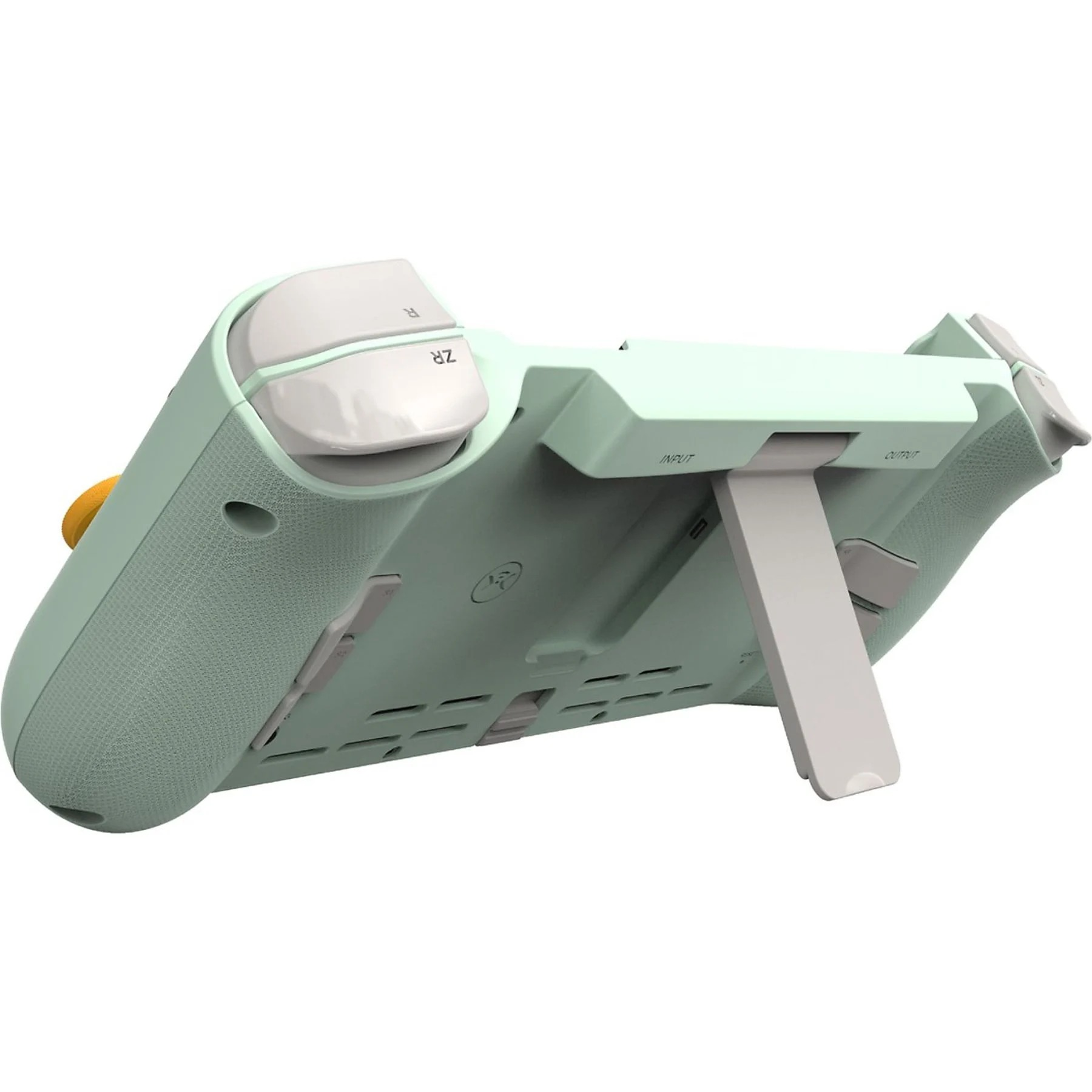 Vue arrière d'une Nintendo Switch Lite verte avec un support.