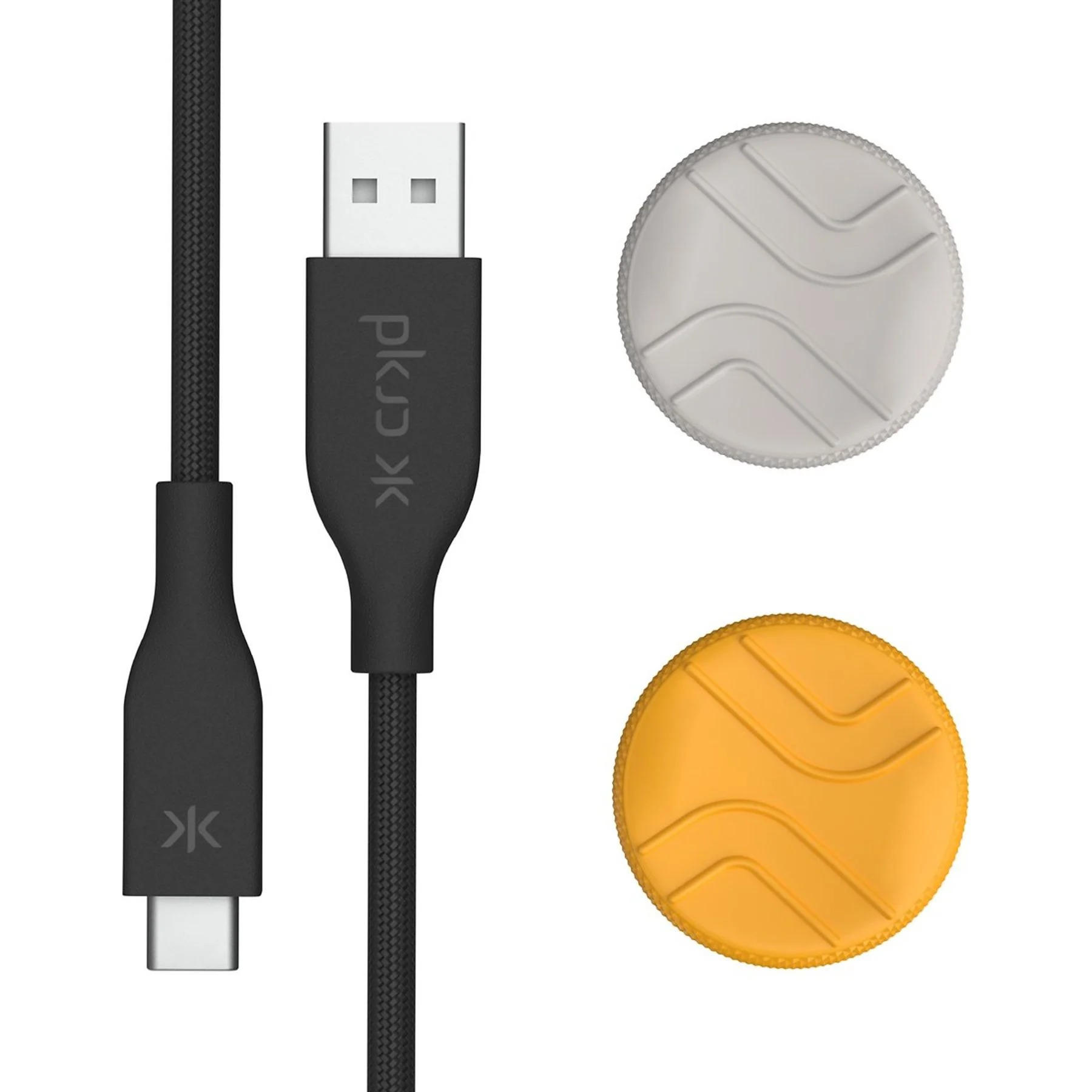 Câble USB-C noir et deux organiseurs de câble pkjk ronds, blanc et orange.