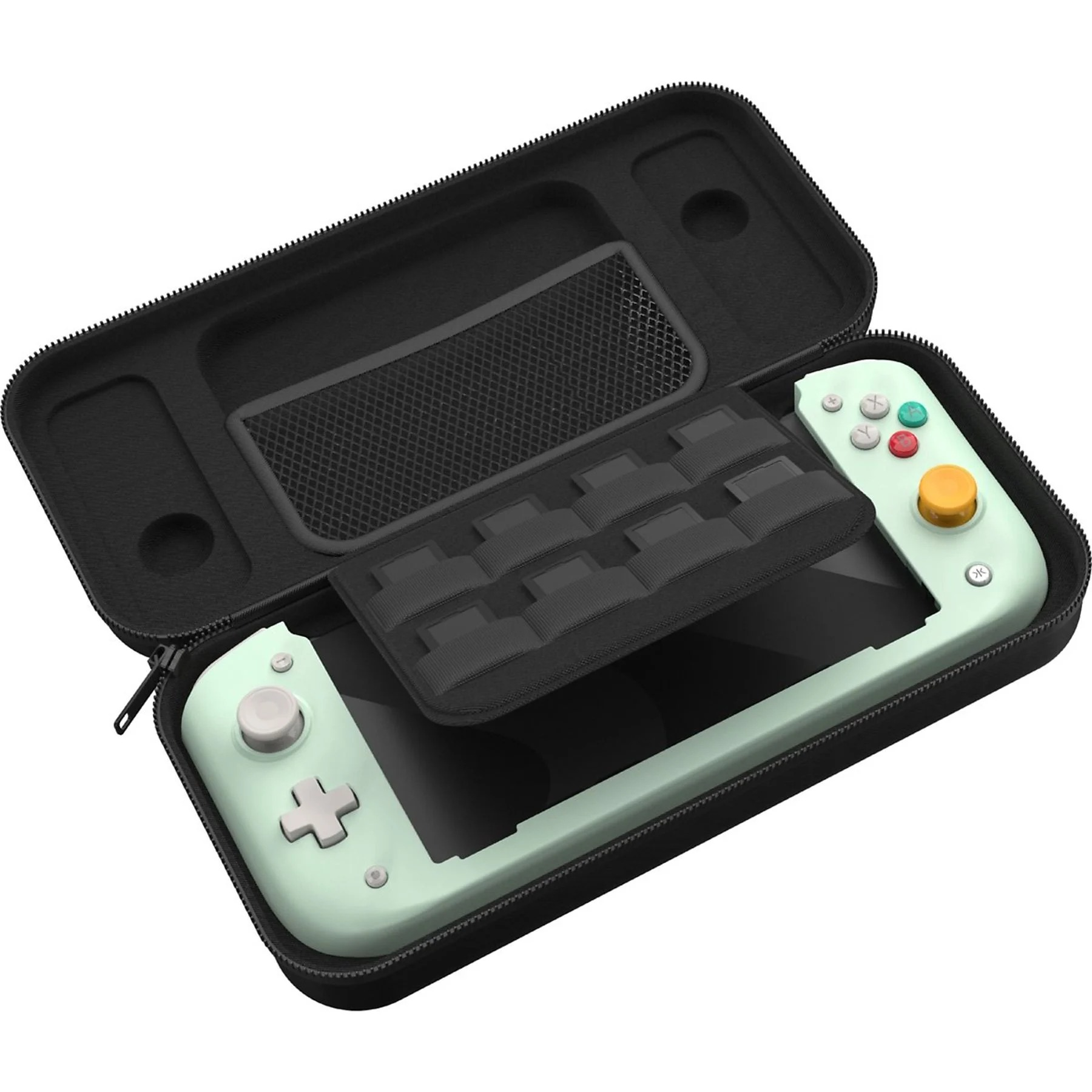 Étui Nintendo Switch Lite ouvert, console vert menthe, intérieur noir, support cartouches.