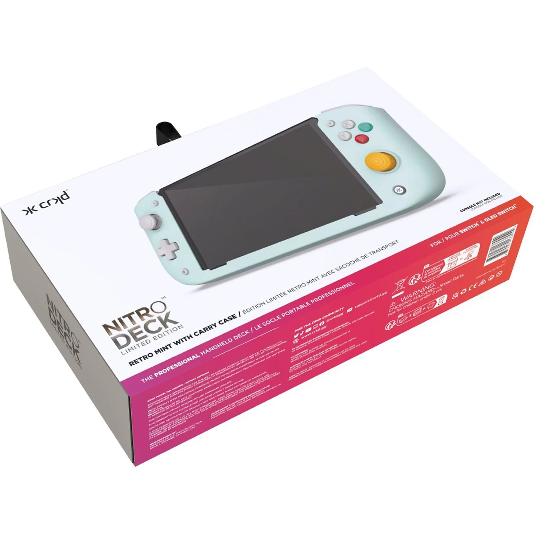 Une boîte Nintendo Switch avec une console de couleur menthe sur le devant. La boîte est rouge et blanche.