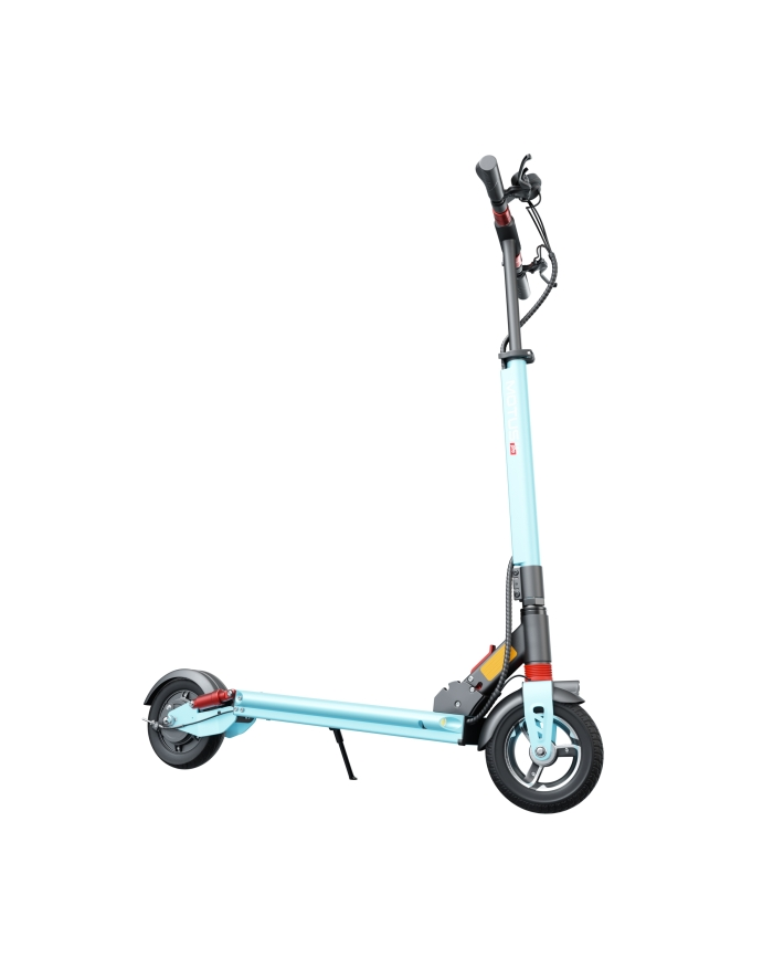 Niebieska hulajnoga elektryczna, białe tło, widok z przodu.