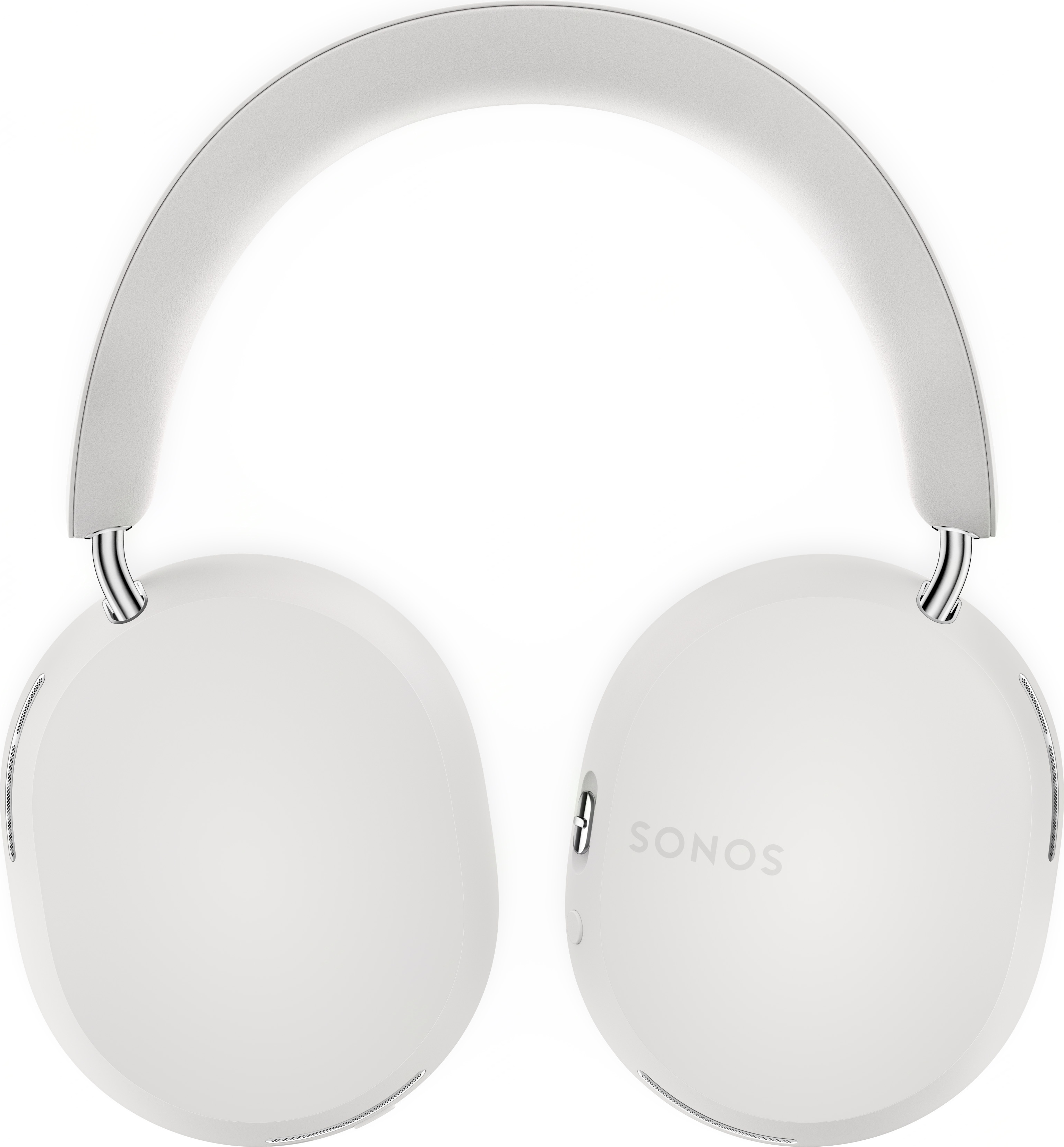 Casque blanc circum-auriculaire avec bandeau et oreillettes rembourrés. Accents argentés sur le cadre.