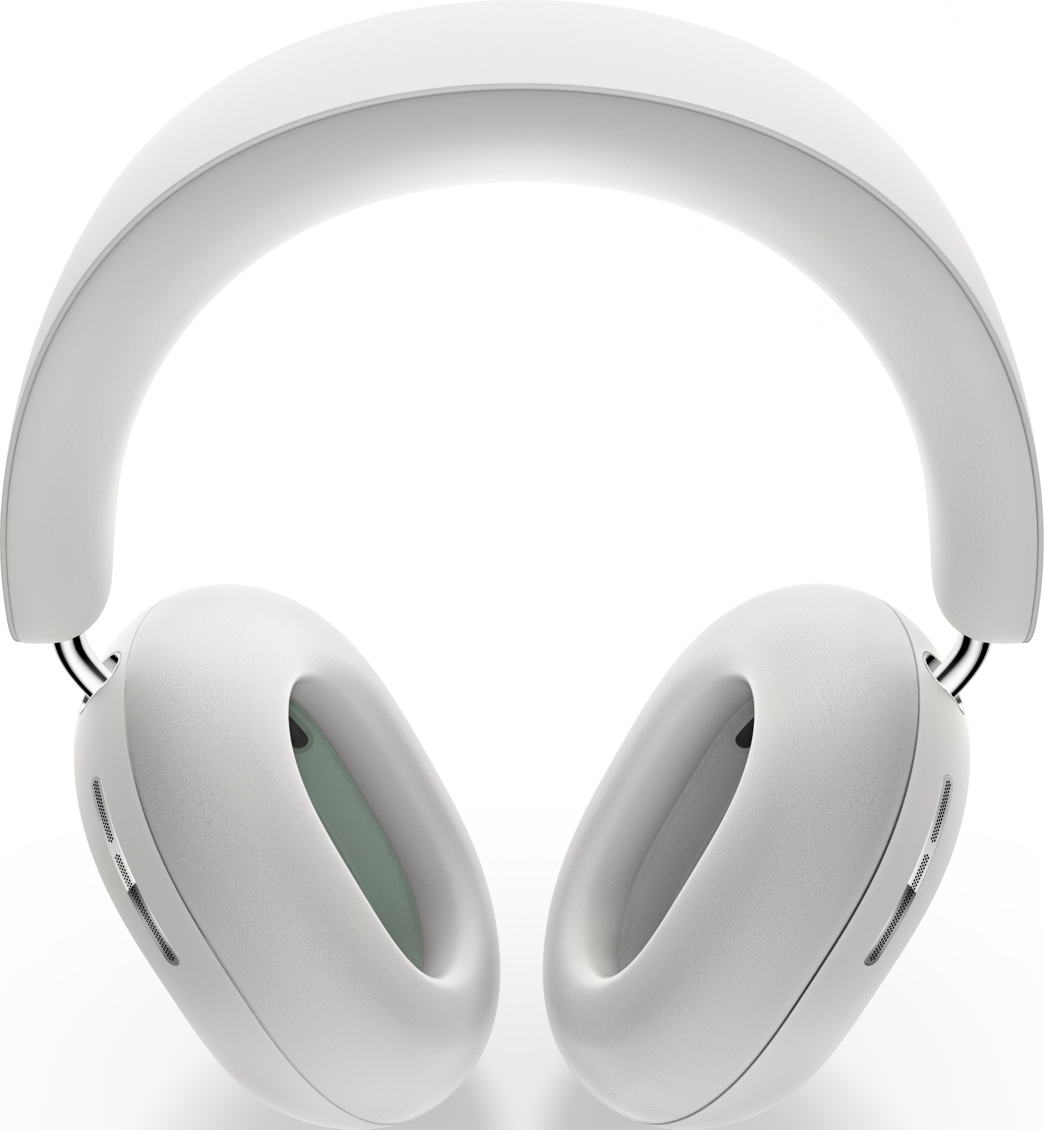 Casque blanc, vue de dessus montrant l'arceau et les écouteurs. Les écouteurs ont des trous.