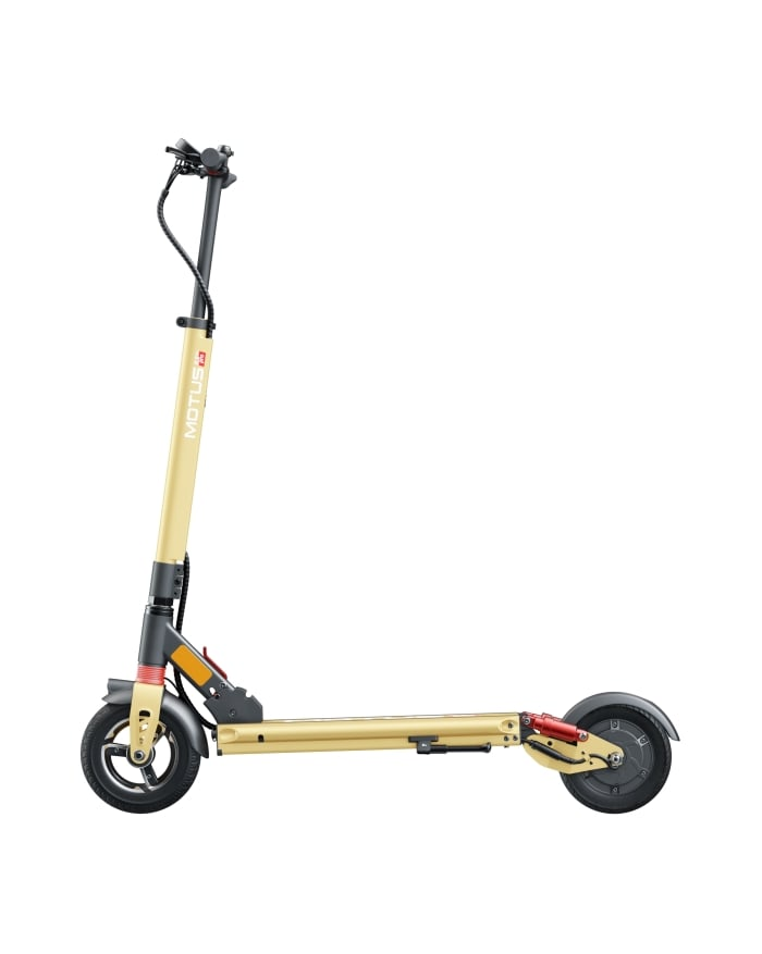 Hulajnoga elektryczna, w większości beżowa, z czarnymi kołami i czerwonym odblaskiem.