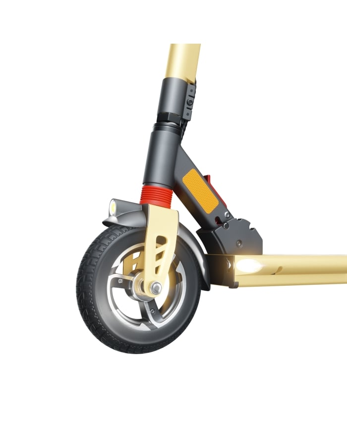 Złoto-czarna hulajnoga elektryczna z bliska, pokazująca przednie koło i reflektor.