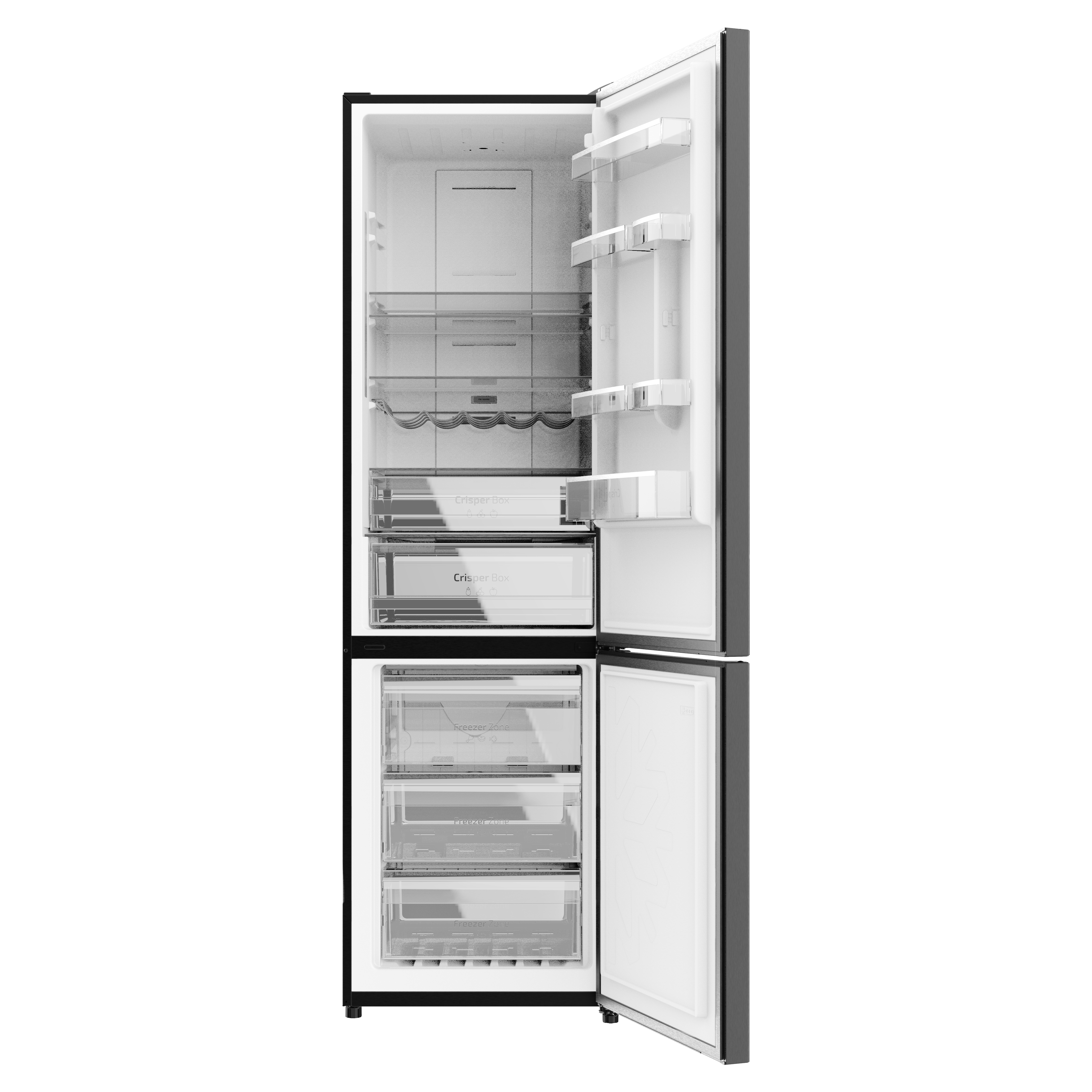 Un refrigerador abierto con estantes y cajones; en su mayoría blanco, con detalles negros. Hay comida dentro.