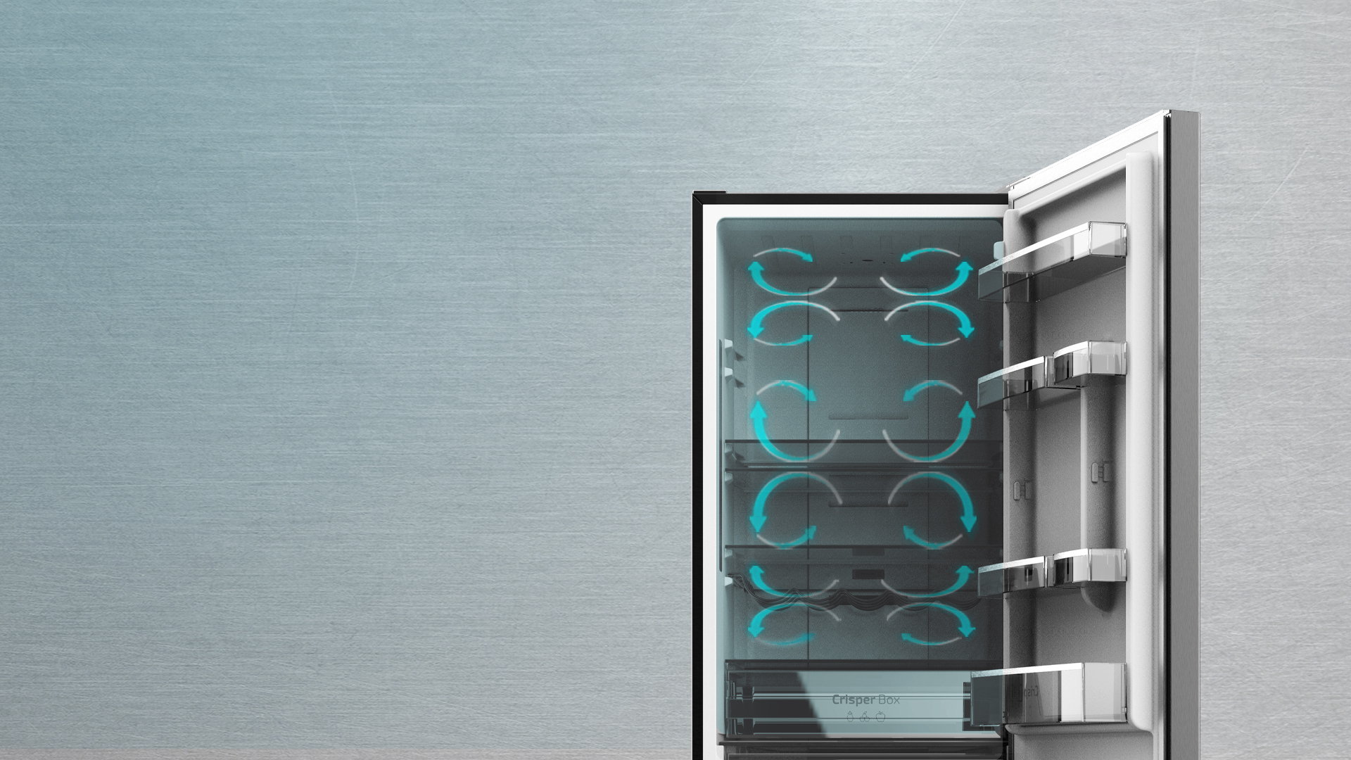 Interior de refrigerador con circulación de aire. Flechas azules indican el flujo de aire.