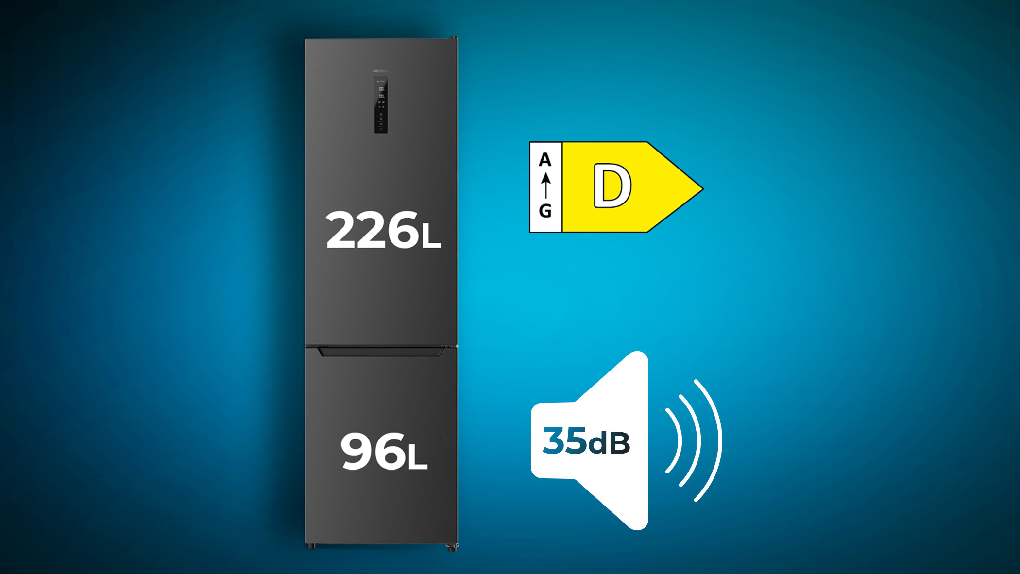 Refrigerador negro con etiquetas de 226L y 96L, una etiqueta de eficiencia energética e icono de nivel de sonido.