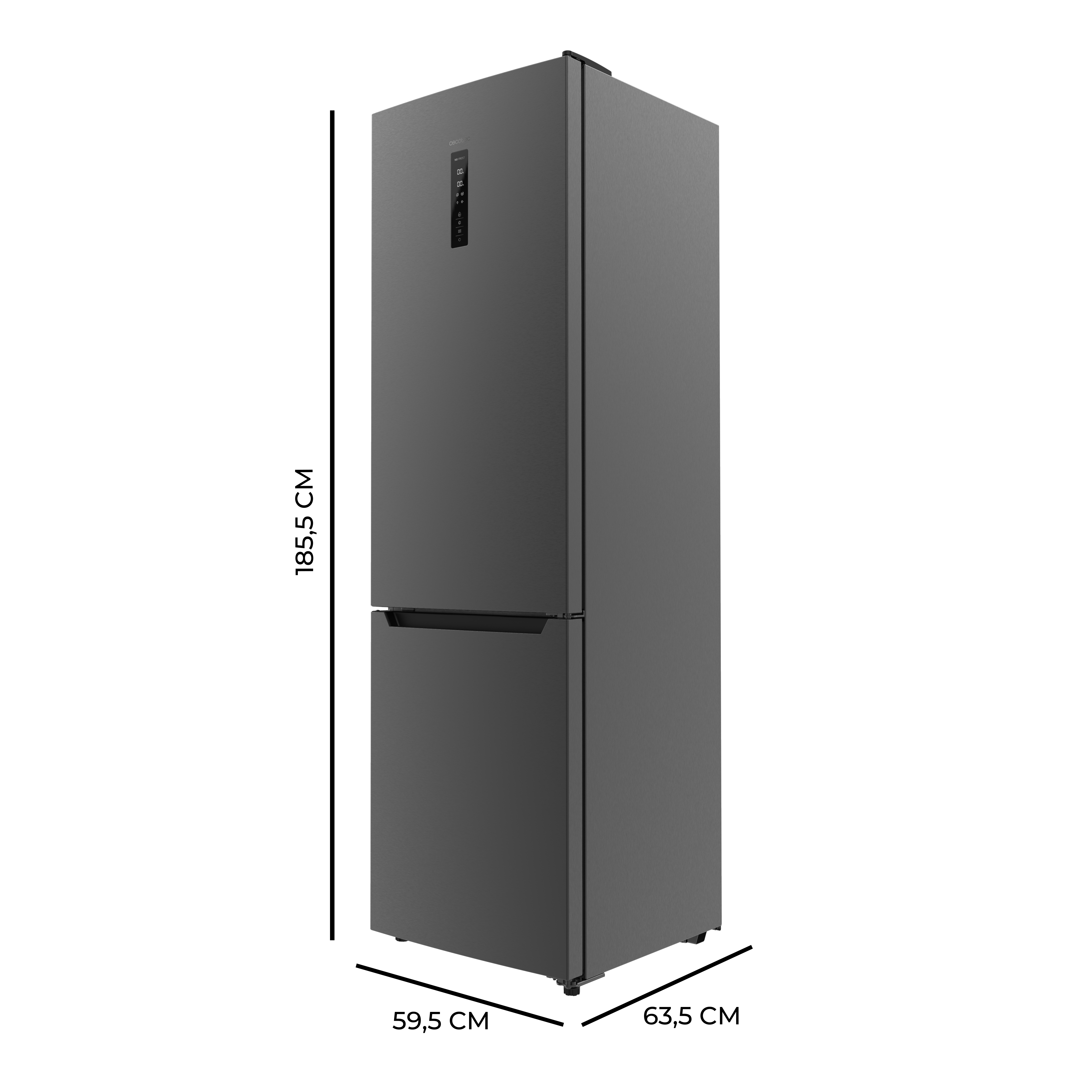Un refrigerador gris oscuro con dos puertas. La puerta superior tiene una pantalla. El fondo es negro.