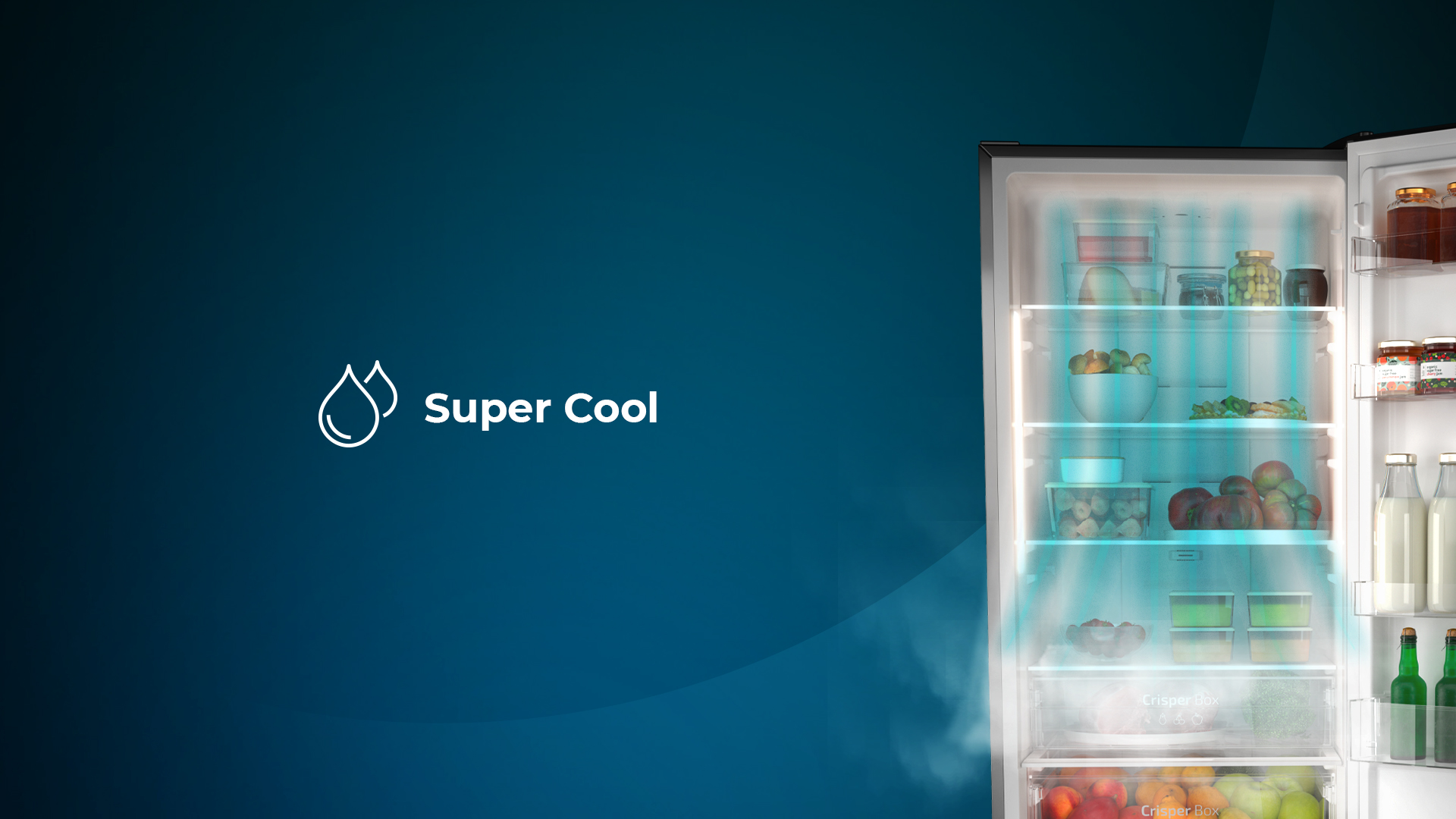 Interior de refrigerador con comida. Se muestran corrientes de aire azules. Texto: Super Cool.