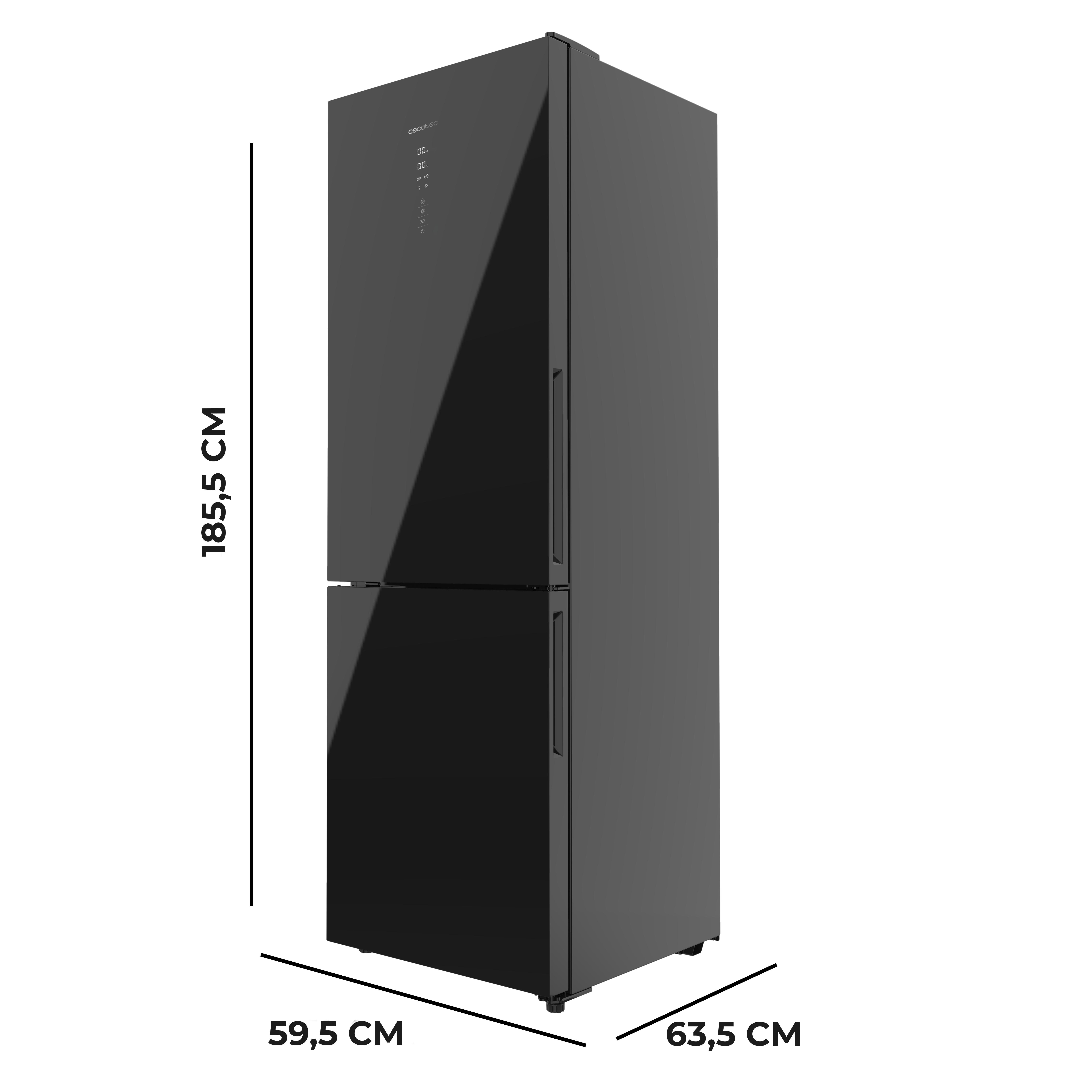 Un refrigerador negro. Tiene dos puertas y una pantalla digital. Medidas indicadas.
