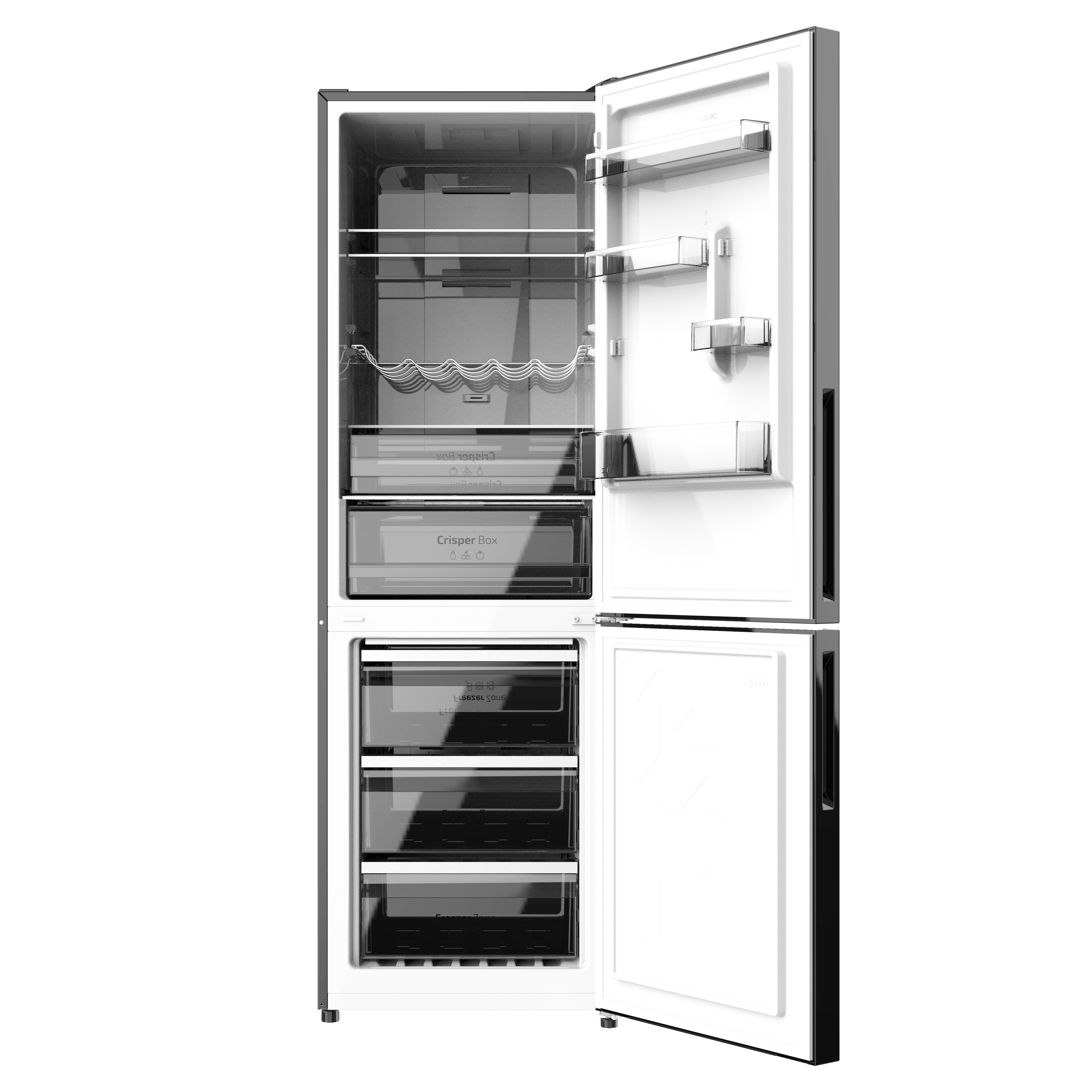 Refrigerador con puertas abiertas. Interior, estantes, cajones visibles. Fondo negro.