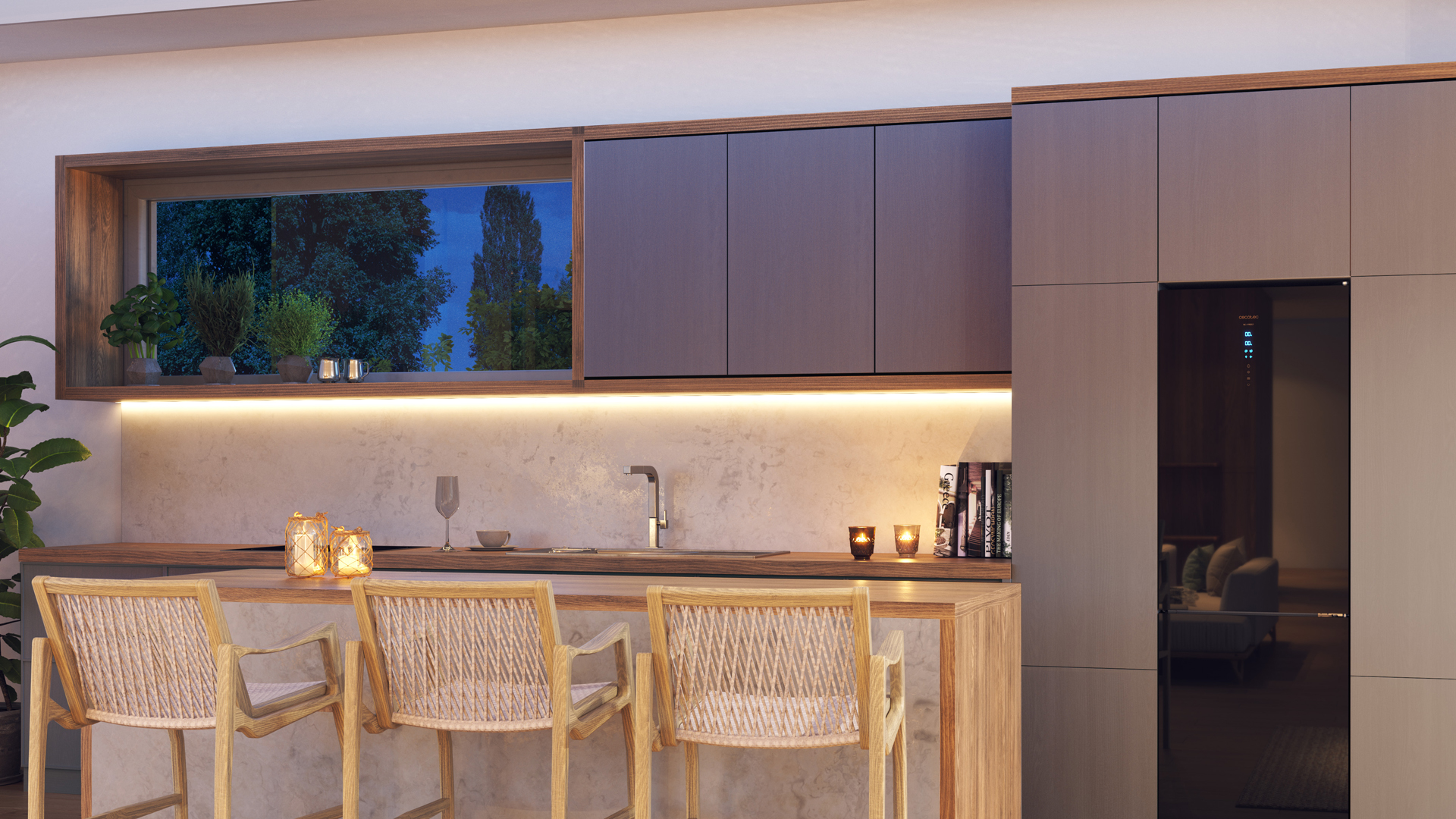 Una cocina moderna con barra y taburetes. Hay una ventana, armarios y un refrigerador en el fondo.