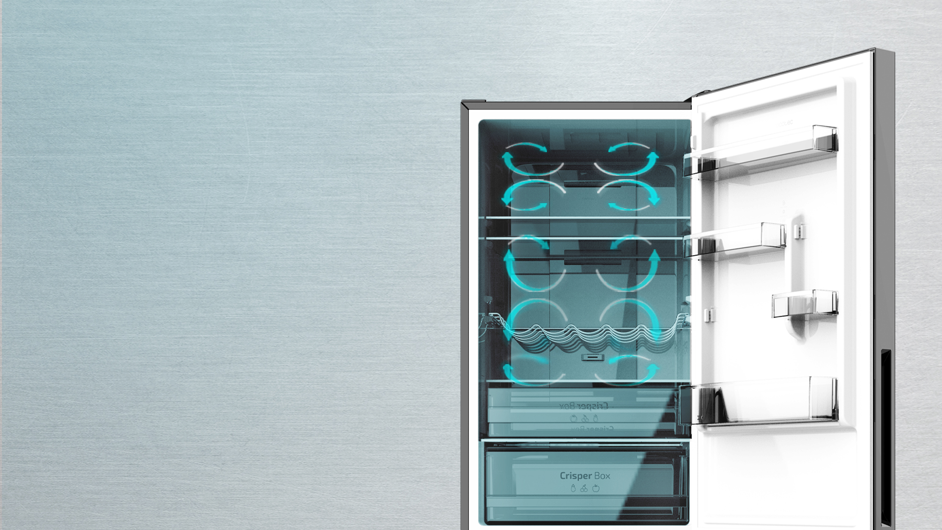 Interior de refrigerador abierto con estantes, cajones y diagramas de flujo de aire.