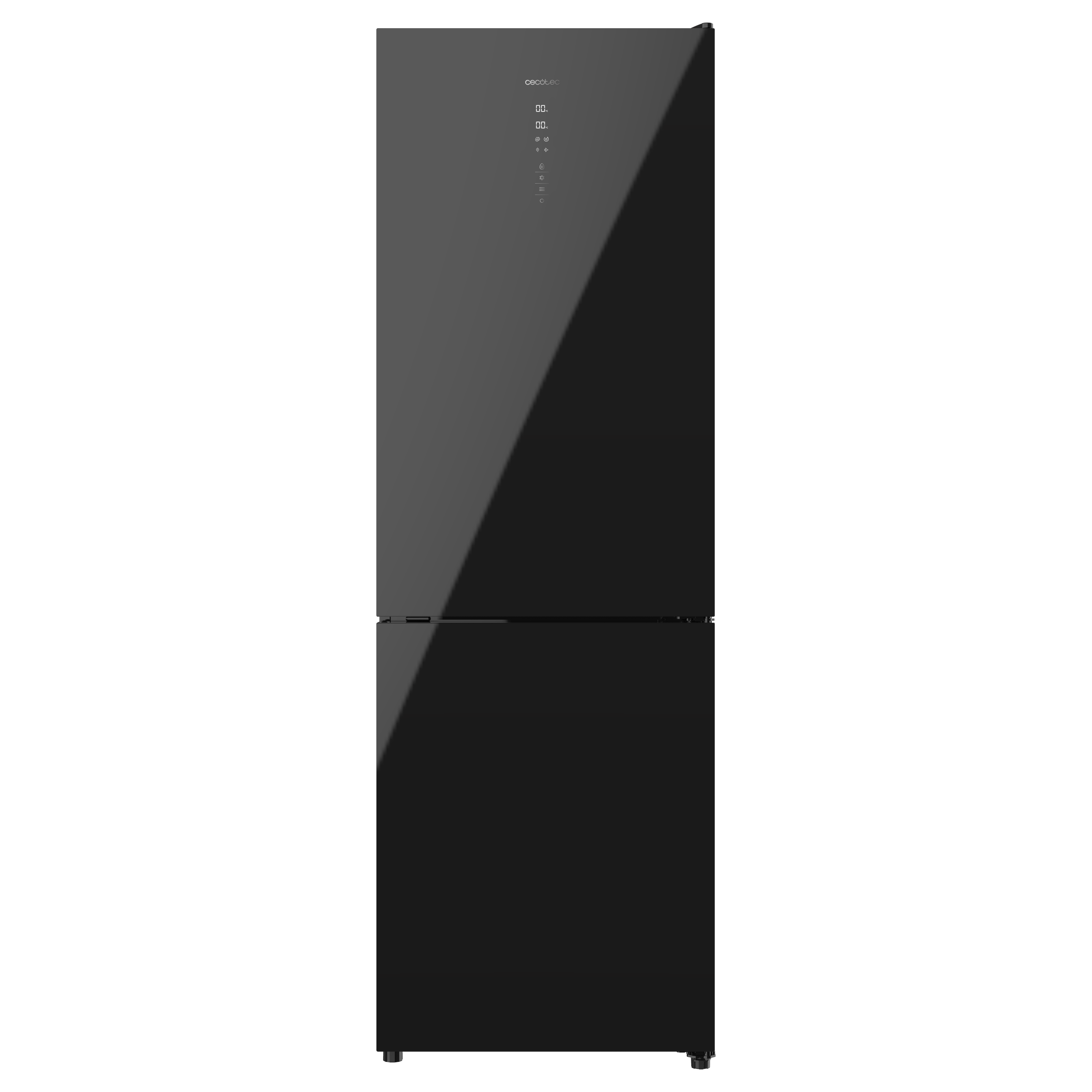 Refrigerador negro con diseño elegante y pantalla digital en la puerta.