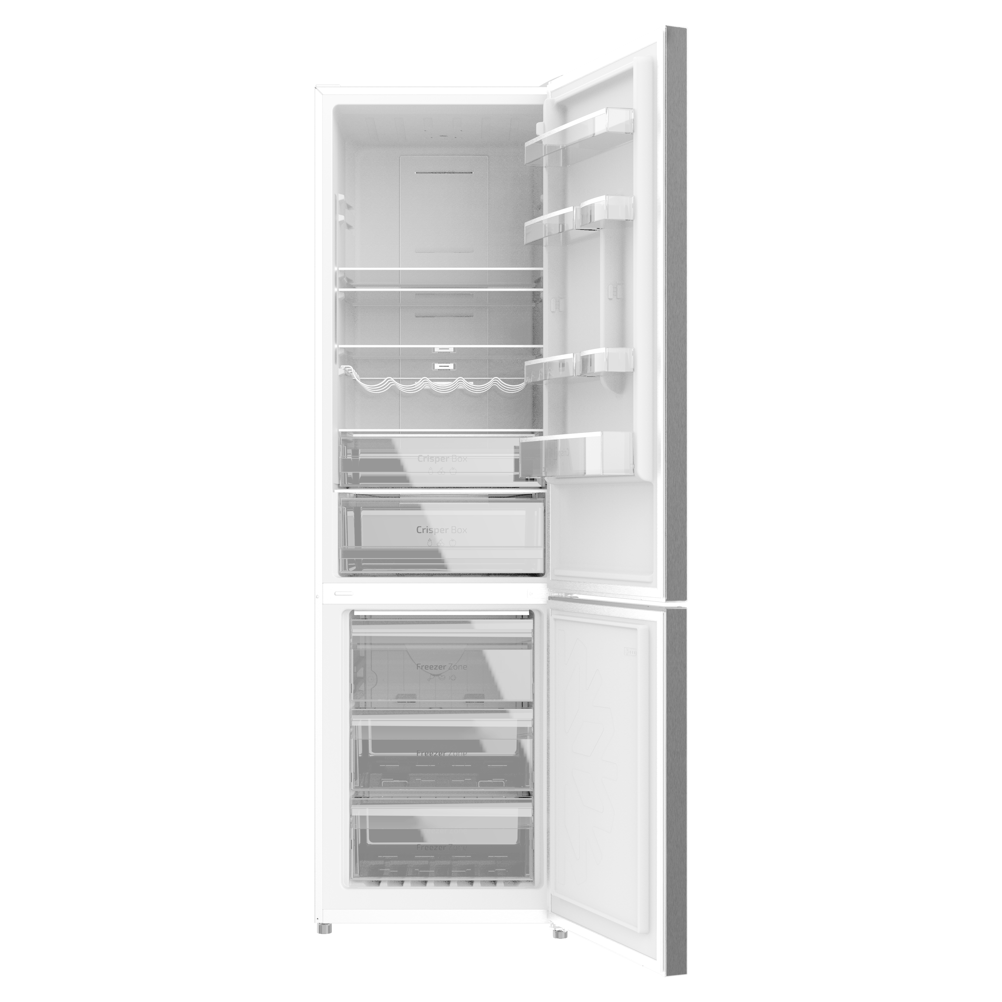 Refrigerador blanco con puertas abiertas, revelando estantes y cajones.