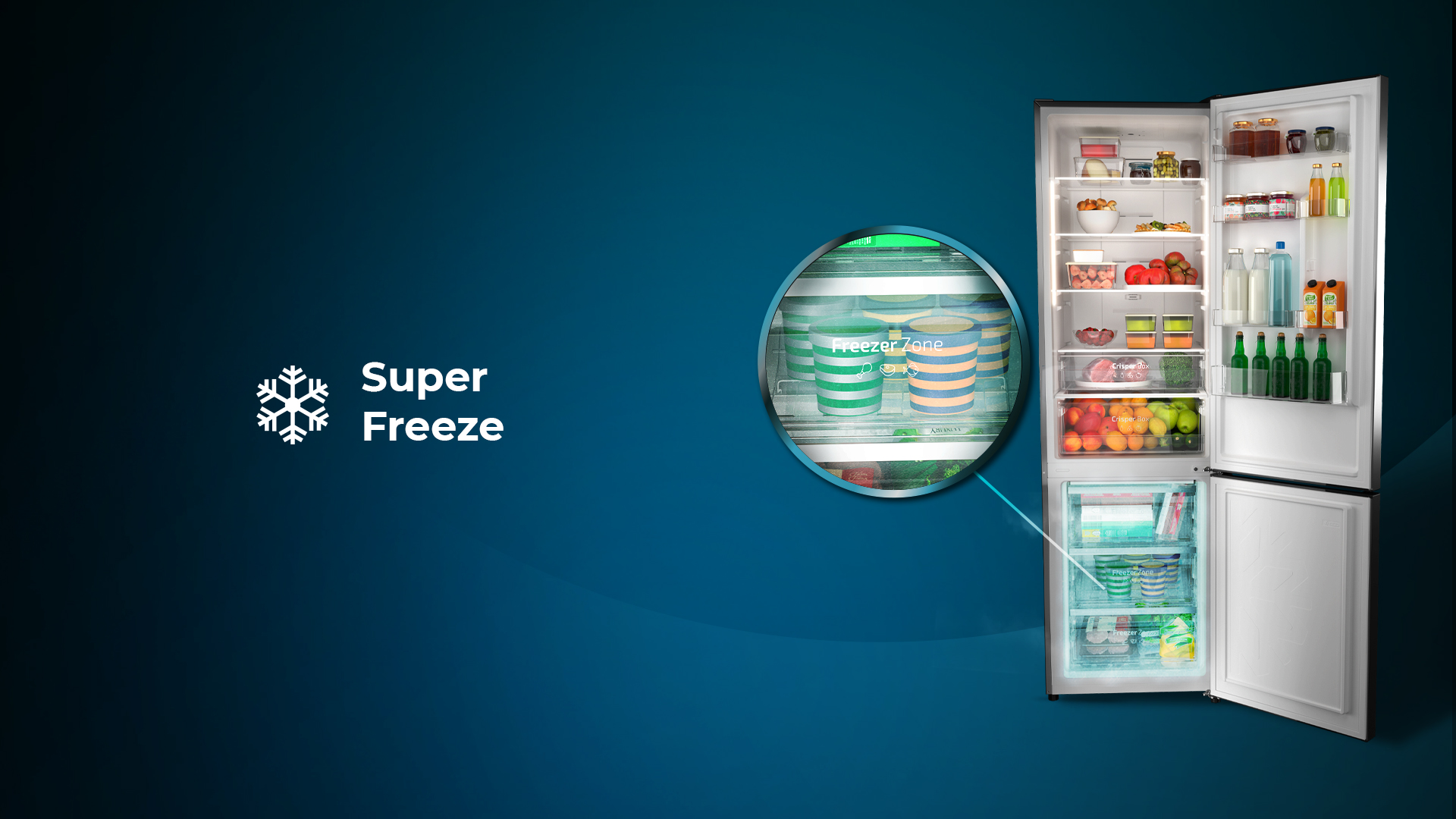 Refrigerador abierto con comida dentro. Sección de congelador ampliada. Fondo azul.