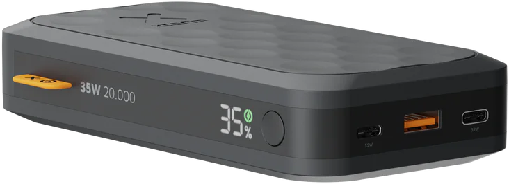 Schwarze Powerbank mit digitaler Anzeige und USB-Anschlüssen.