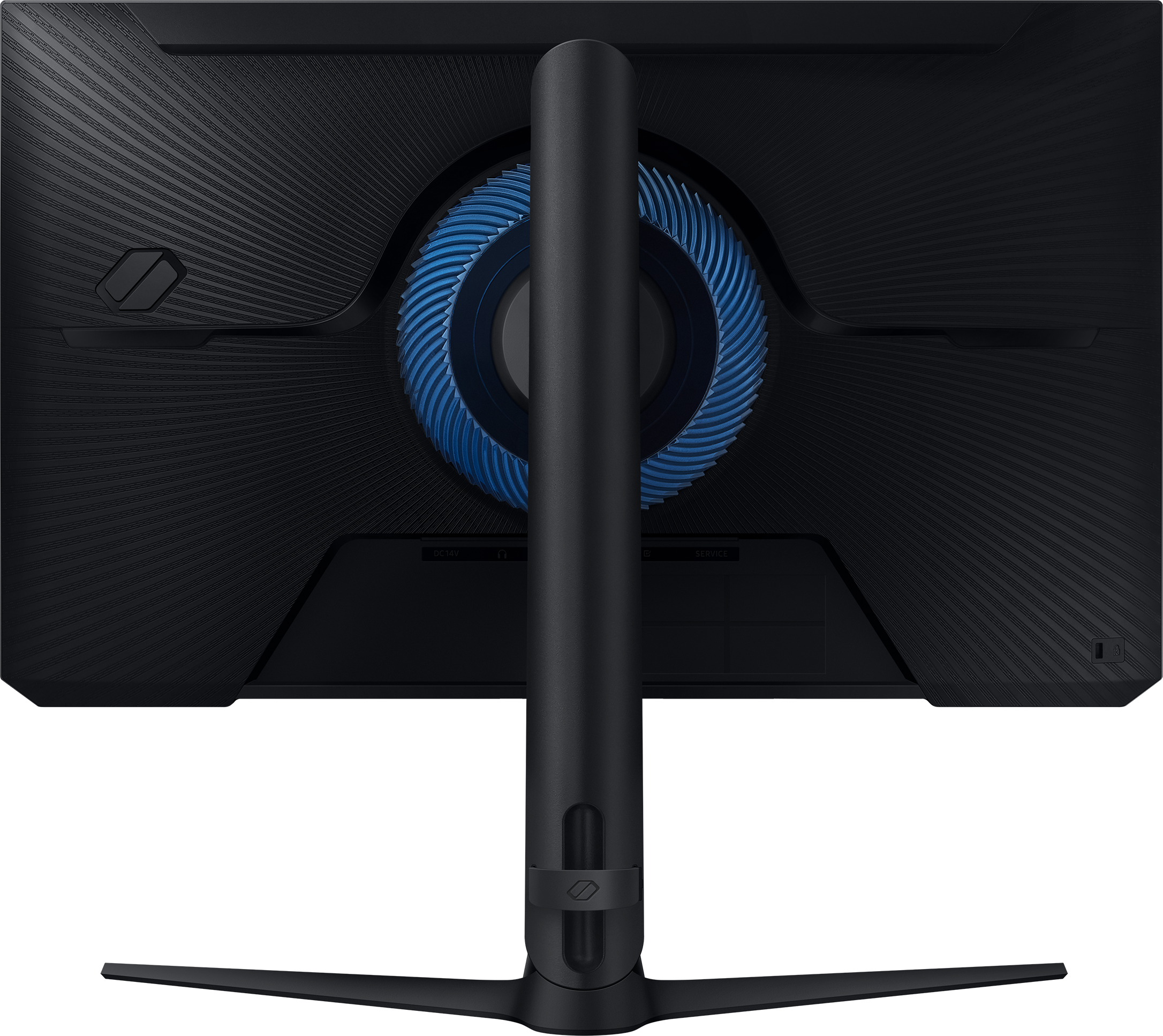 Egy fekete-kék gamer monitor hátulnézete. Van egy állványa és egy kék kör alakú dizájnja.