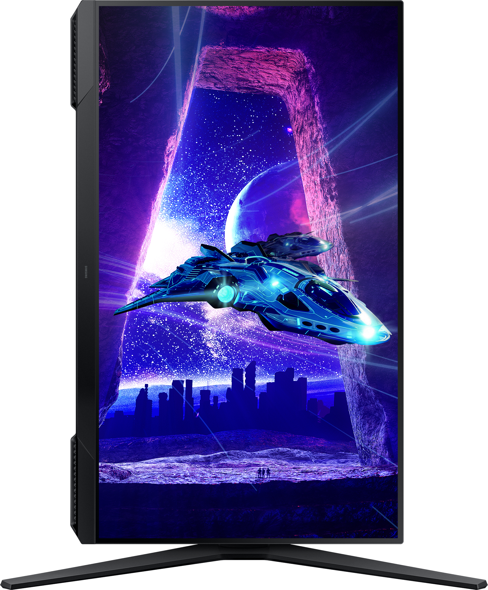 A monitor egy űrcsarnokot jelenít meg: űrhajó repül át egy lila portálon.