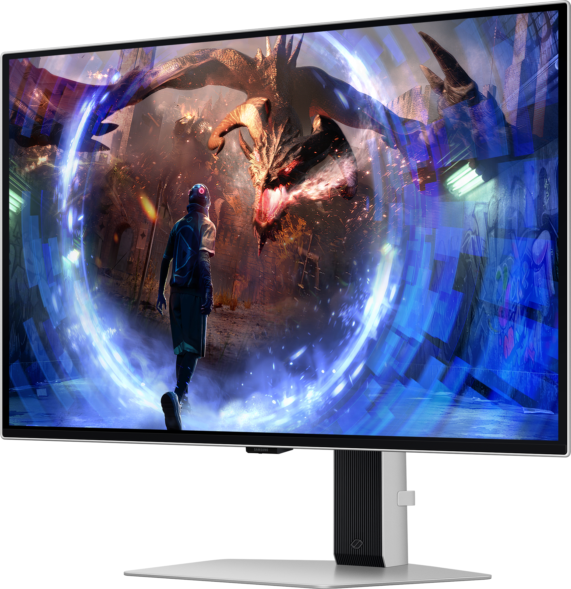 Nagy monitor egy fantasy jelenetet jelenít meg sárkánnyal és egy futurisztikus figurával.