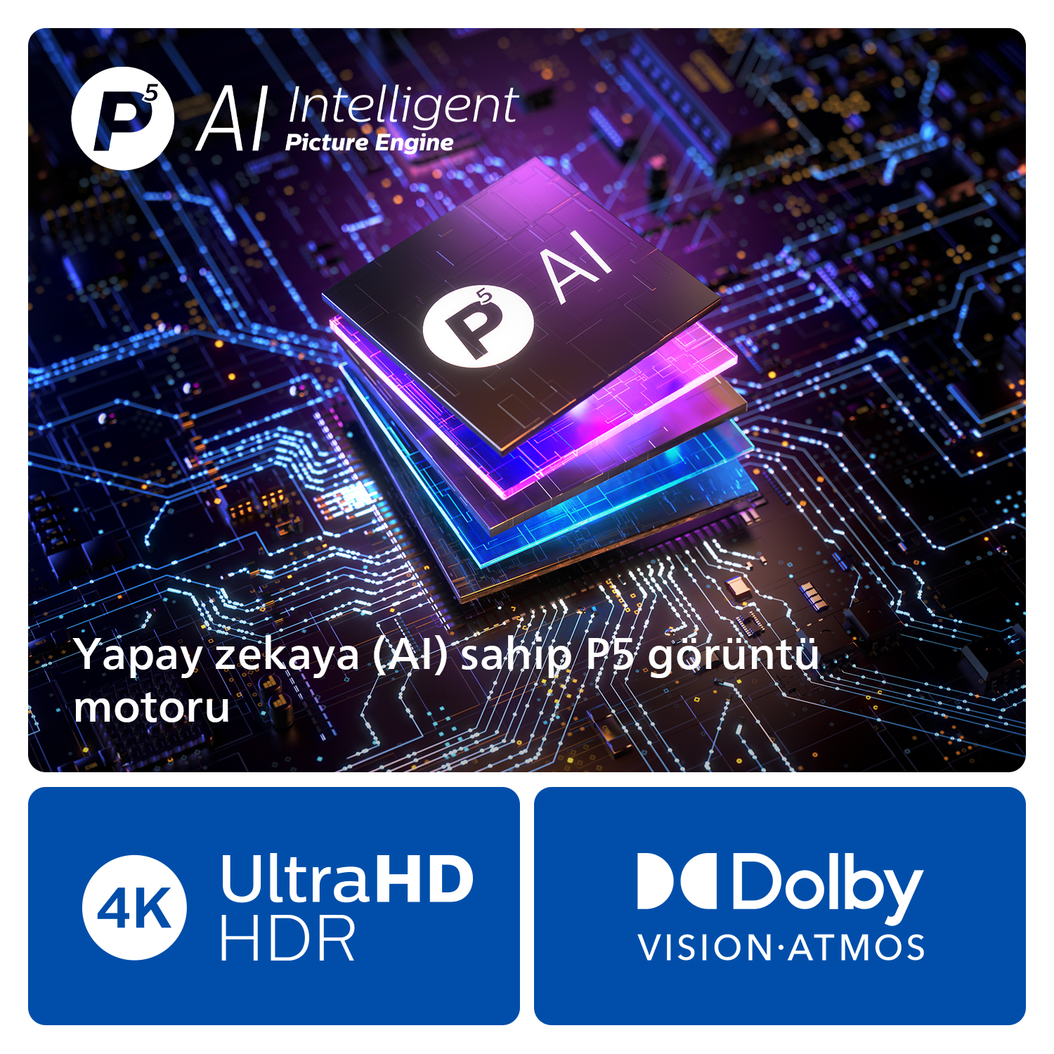 Bir grafik, bir yapay zeka resim motoru gösterir. Bir logo ile birden fazla katmana sahiptir. Aşağıda 4k ve Dolby için metin ve logolar var.