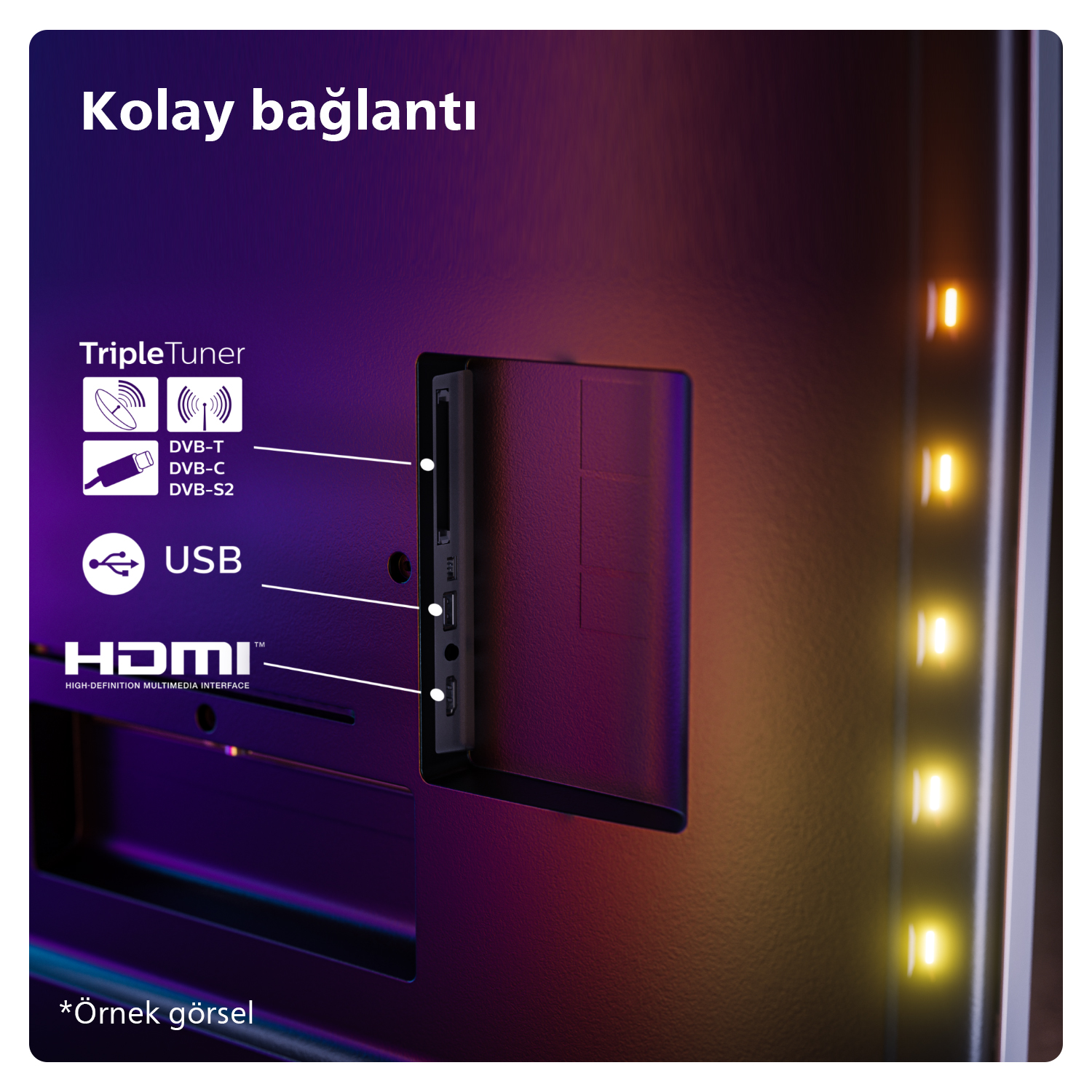 TV'nin arkasının yakın çekimi, konektörler. Metin: TripleTuner, USB, HDMI.