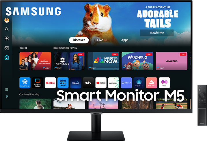 Samsung Smart Monitor M5. Egy tengerimalac képet, alkalmazásokat és távirányítót mutat.