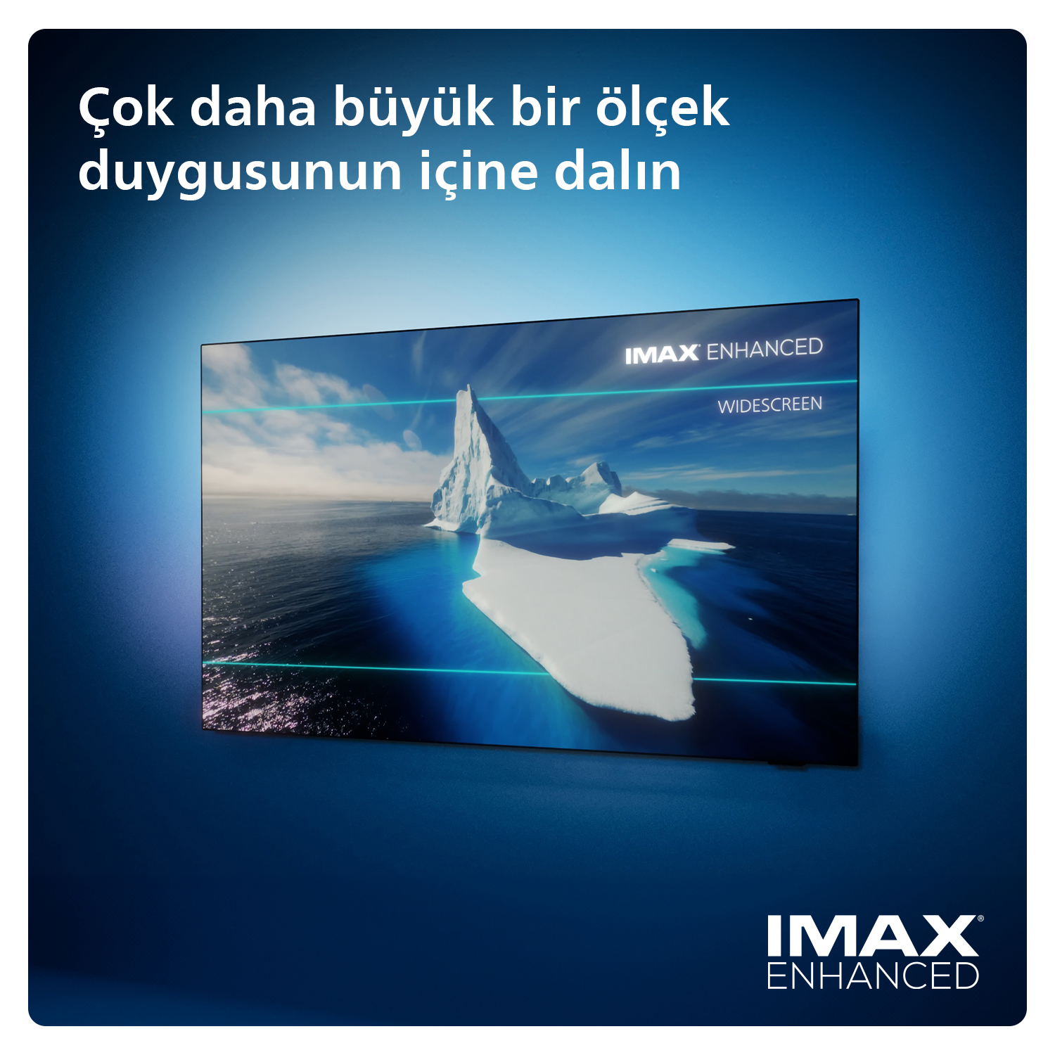Buzlu bir manzara ve 'IMAX ENHANCED WIDESCREEN' yazılı bir TV ekranı.