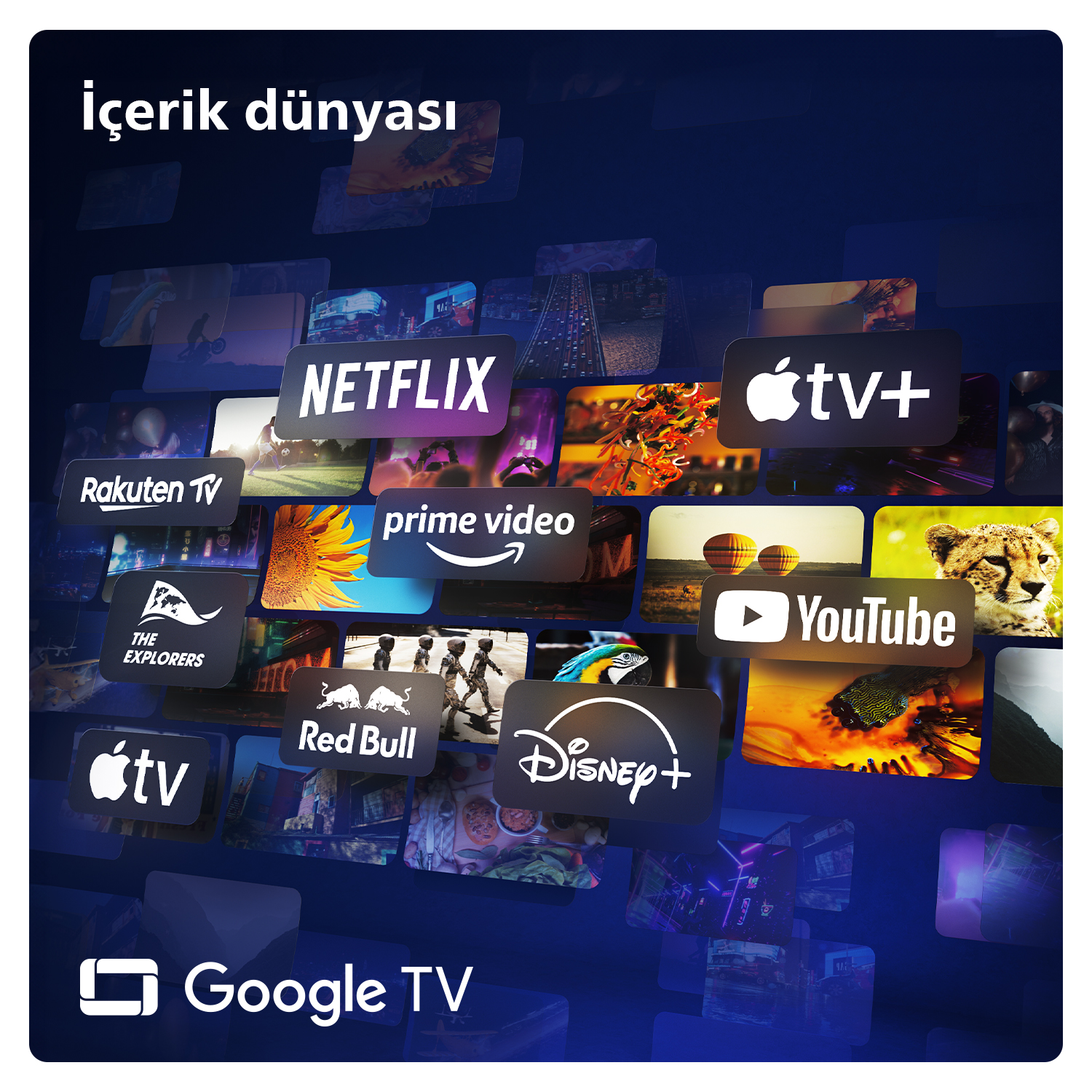 Netflix, YouTube ve Disney+ dahil olmak üzere akış uygulaması logolarının kolajı.