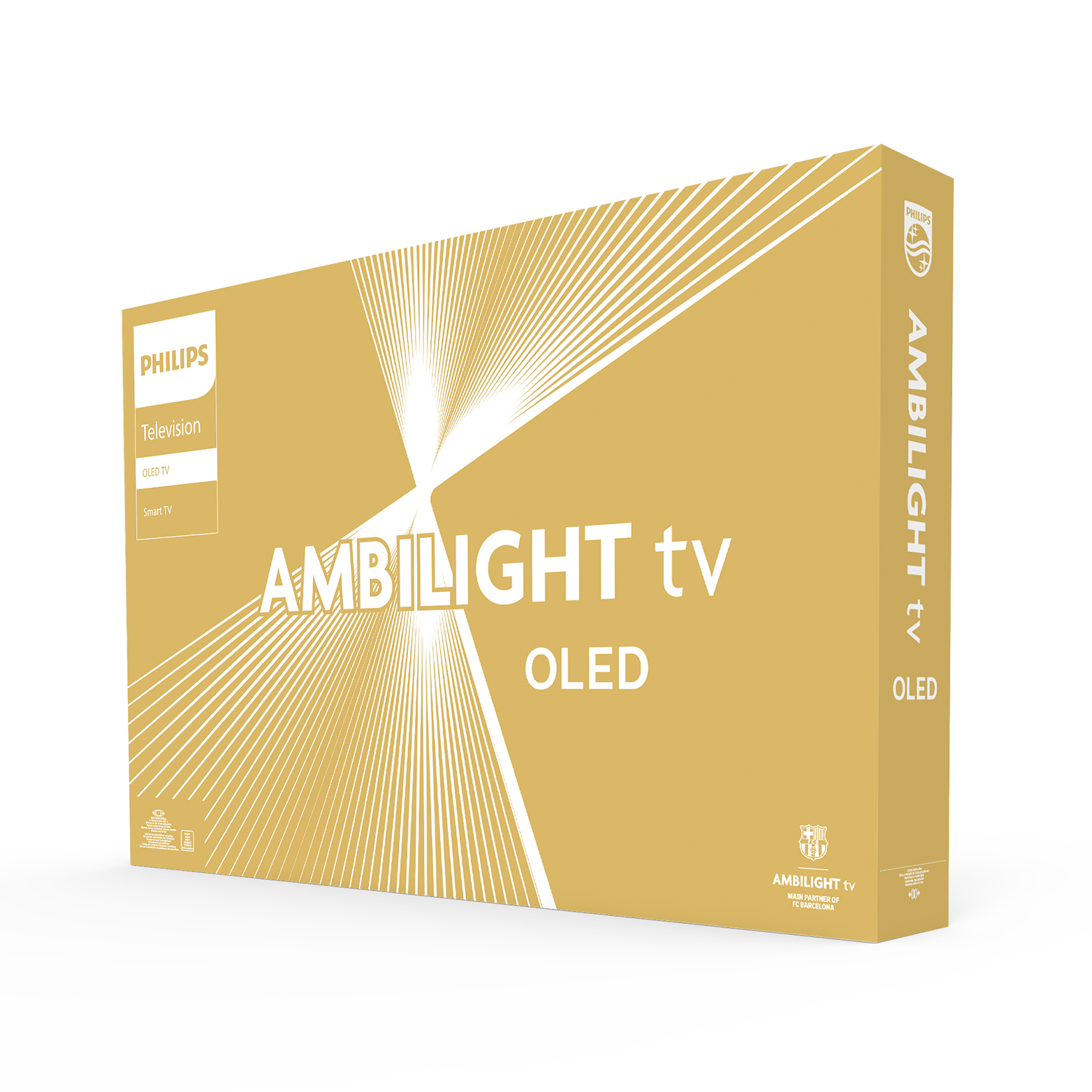 Metin, logo ve tasarım öğeleri içeren altın sarısı bir Philips Ambilight TV kutusu.