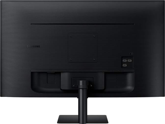 Fekete Samsung monitor hátulja, csatlakozókkal és tartóval.