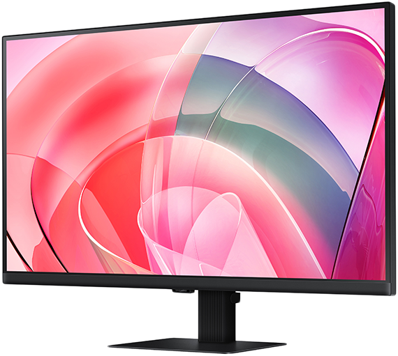 A monitor színes absztrakt dizájnt mutat. Fekete állvány és keret.