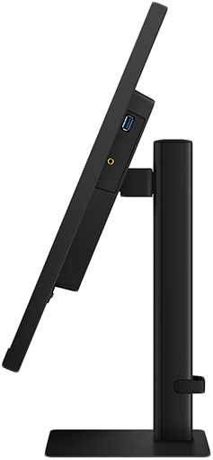 Egy fekete számítógép monitor oldalról. USB portja és audio jack csatlakozója van. Fekete állvány.
