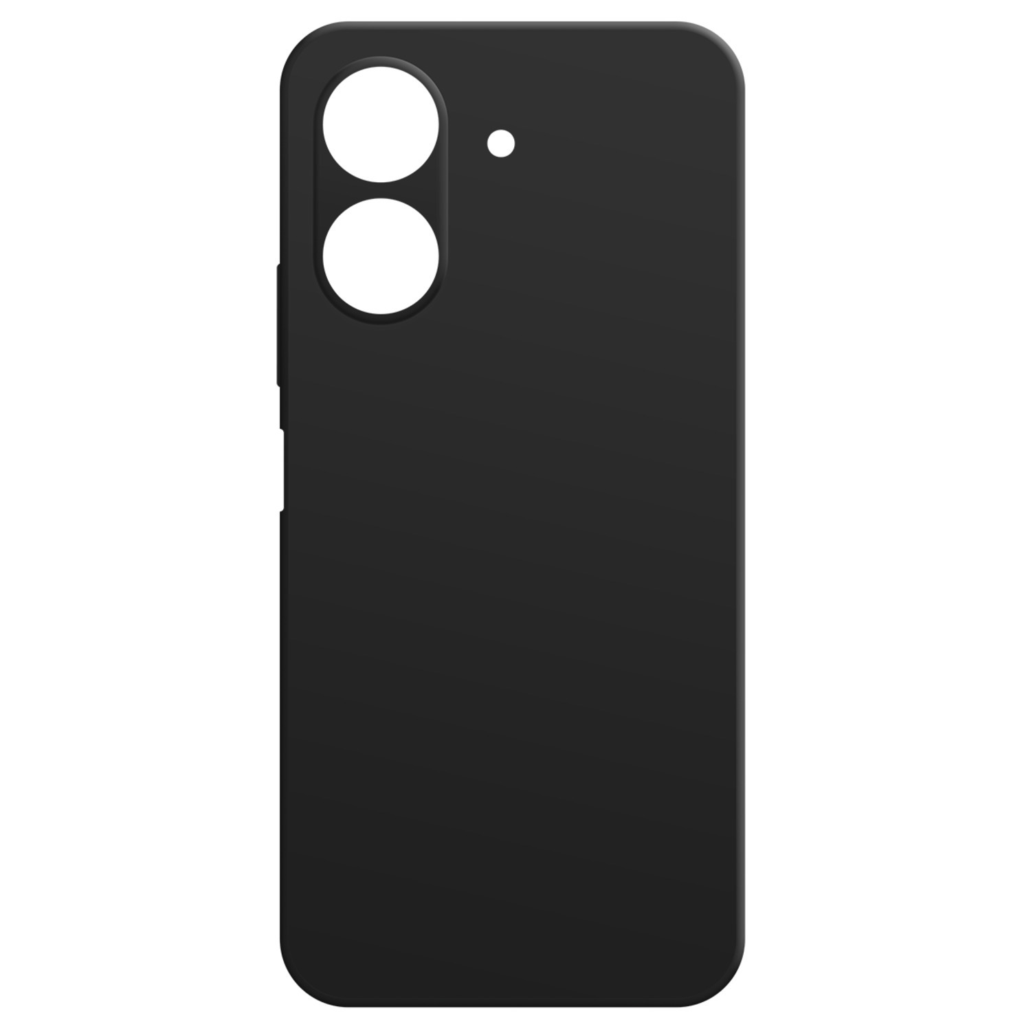 Coque de téléphone noire. Deux trous pour appareil photo et un petit trou en haut.