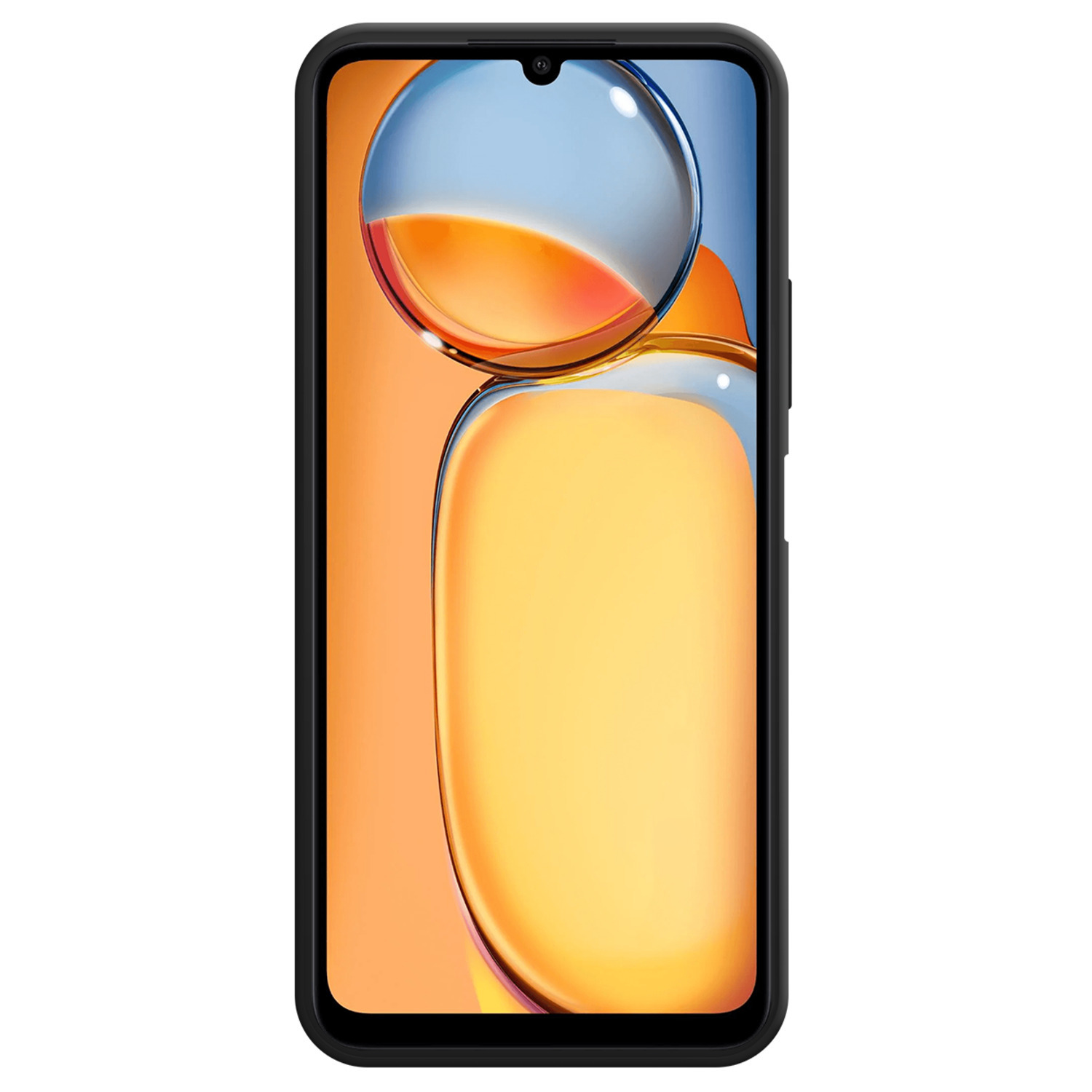 Un téléphone portable sur un fond orange et bleu. Le téléphone est noir, avec un écran complet.
