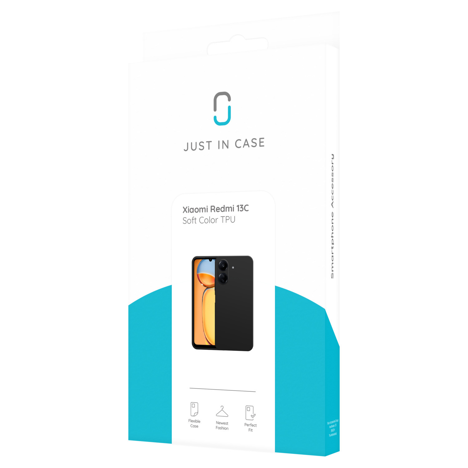 Coque de téléphone en boîte. La boîte montre un téléphone avec écran jaune et coque noire.
