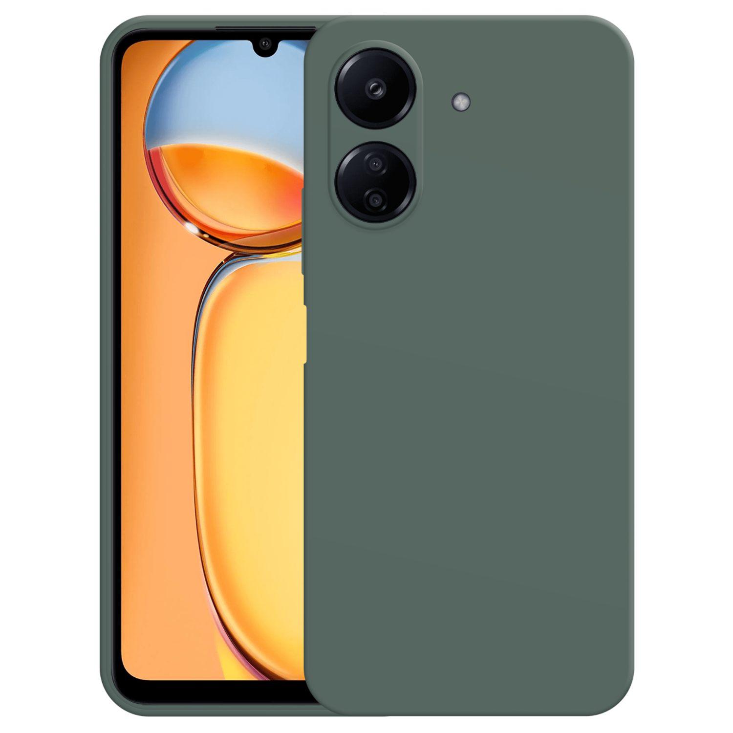 Un étui de téléphone vert sur un téléphone avec un fond coloré.