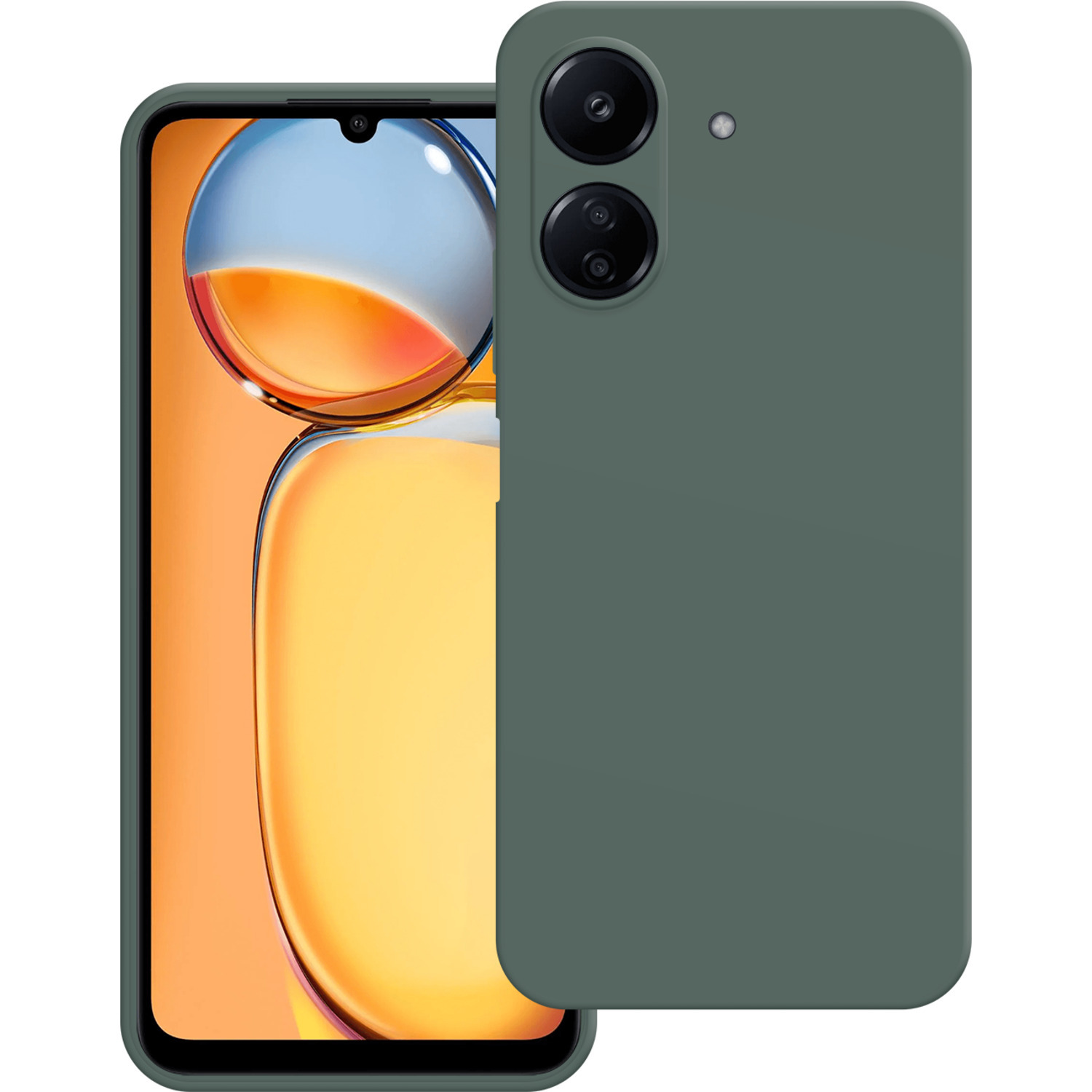 Un smartphone avec une coque verte, montrant l'arrière avec des lentilles d'appareil photo, sur fond flou.
