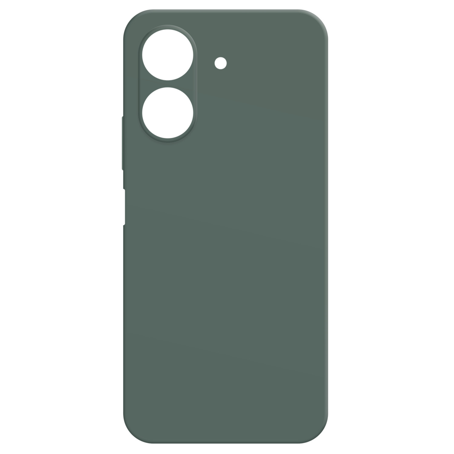 Une coque de téléphone verte avec des découpes pour la caméra, design épuré et simple.