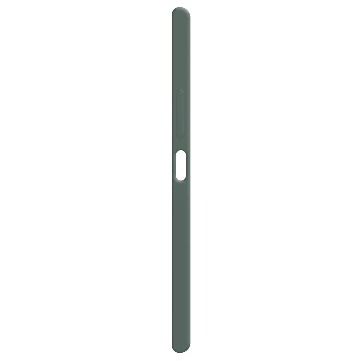 Vue latérale d'une coque de téléphone verte avec un bouton et un trou.