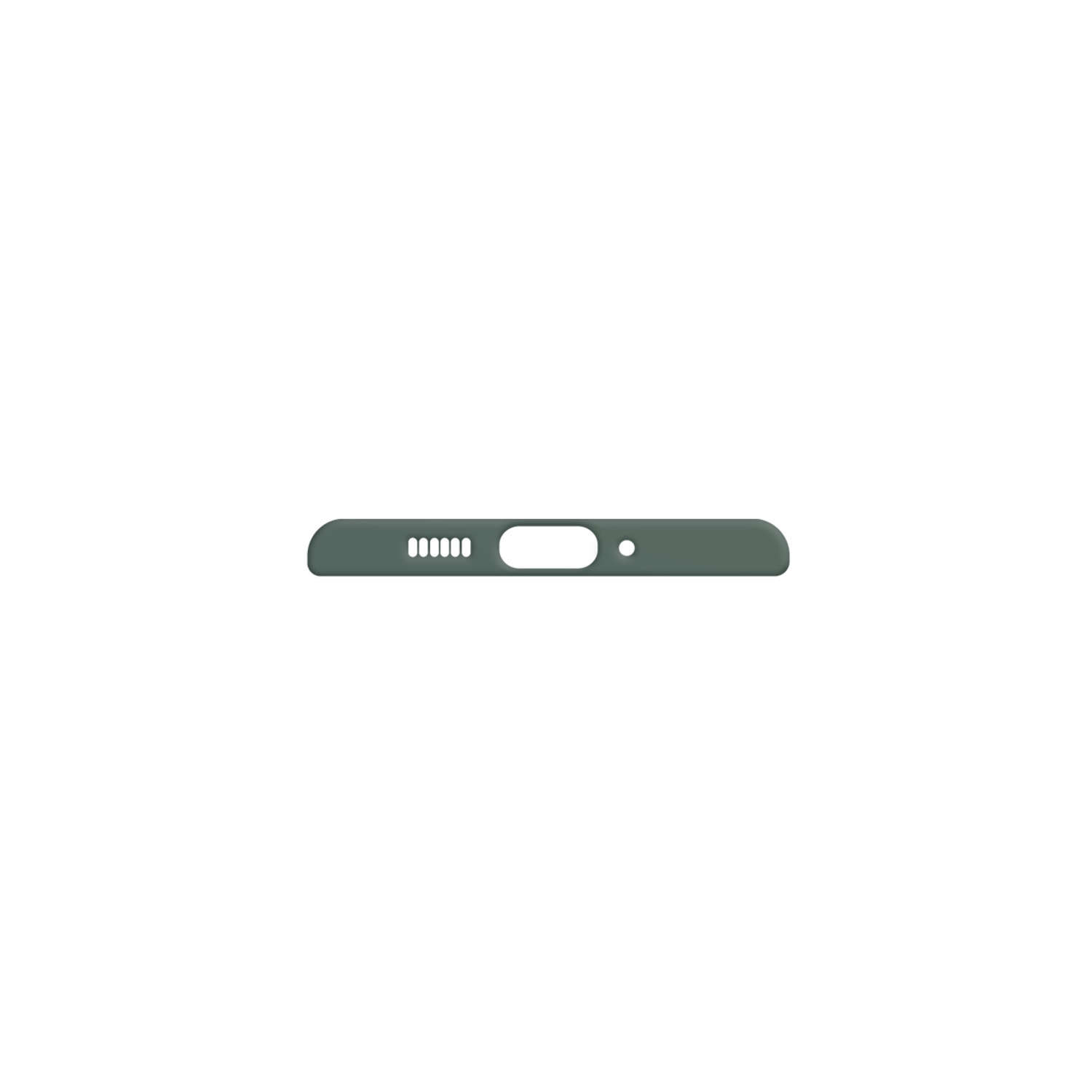 Bas d'une coque de téléphone avec découpes pour haut-parleur et port de charge. Couleur vert olive.