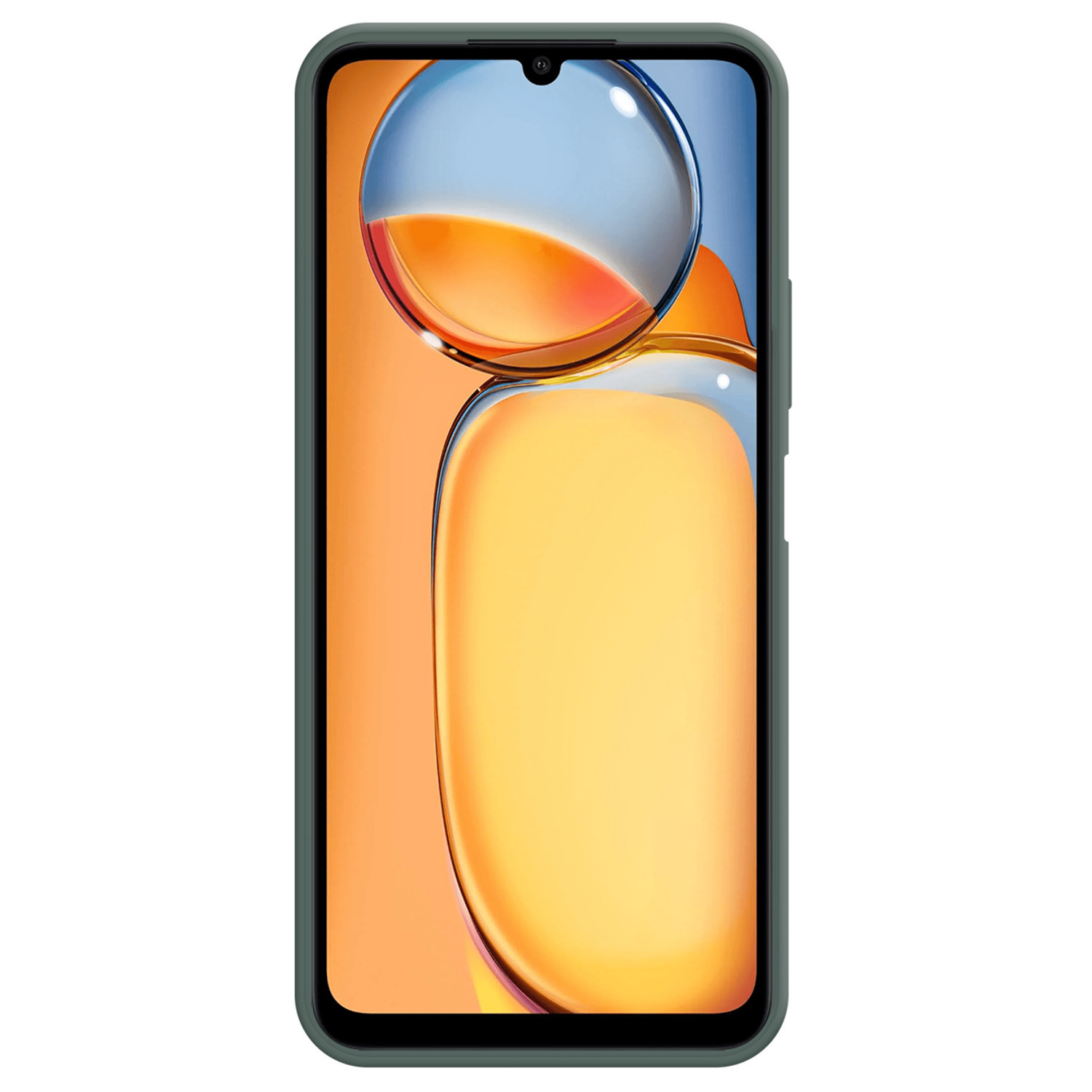 Un smartphone dans un étui vert. L'écran affiche un fond orange clair et bleu.