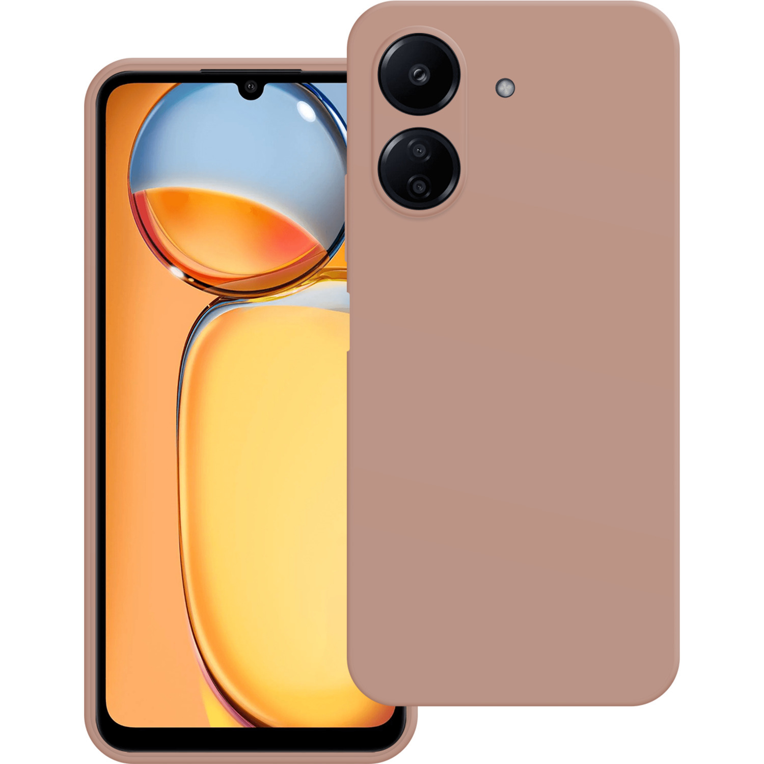 Coque de téléphone, couleur beige. Montre le téléphone avec caméra sur fond orange.