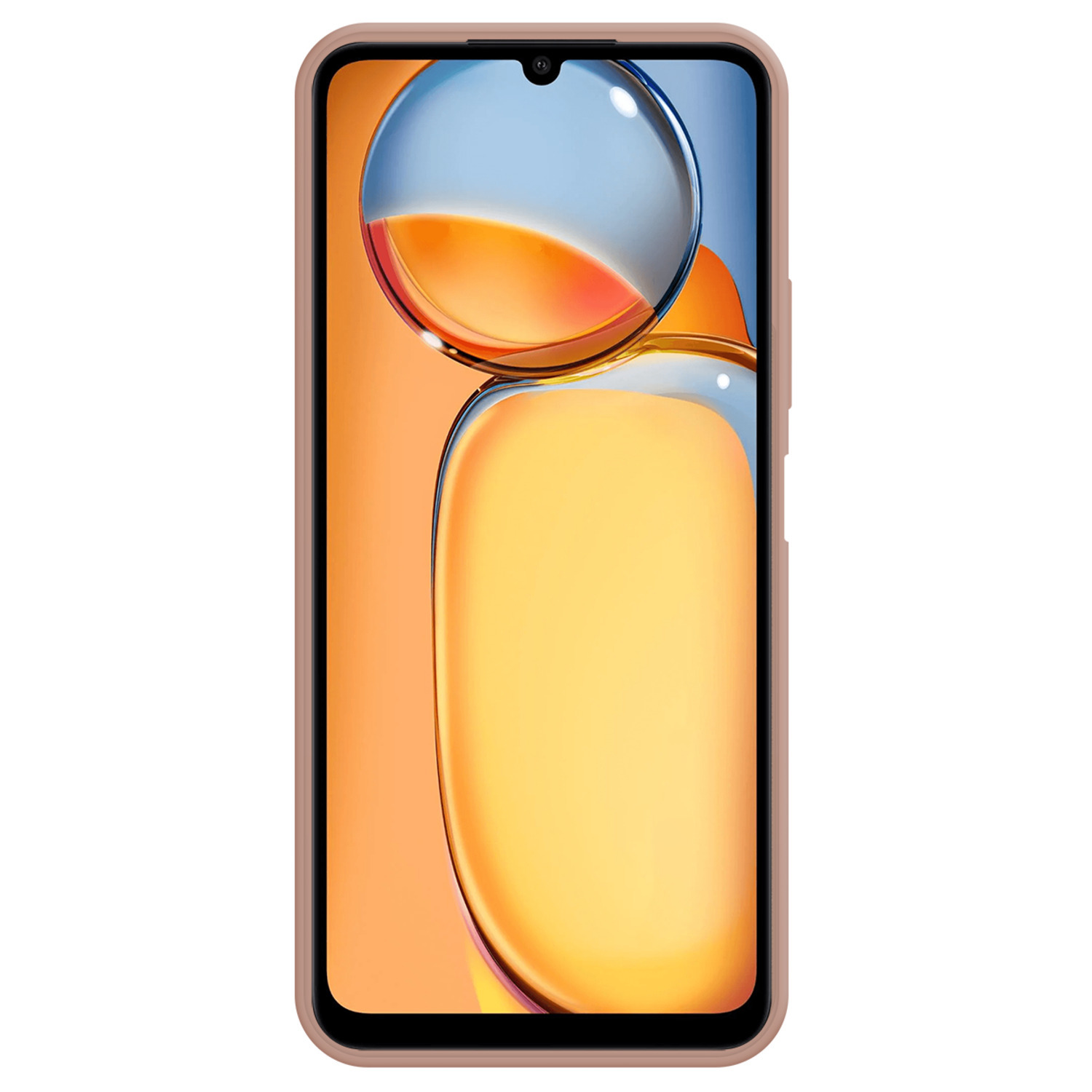 Écran de smartphone avec fond d'écran abstrait coloré, dans un étui rose.